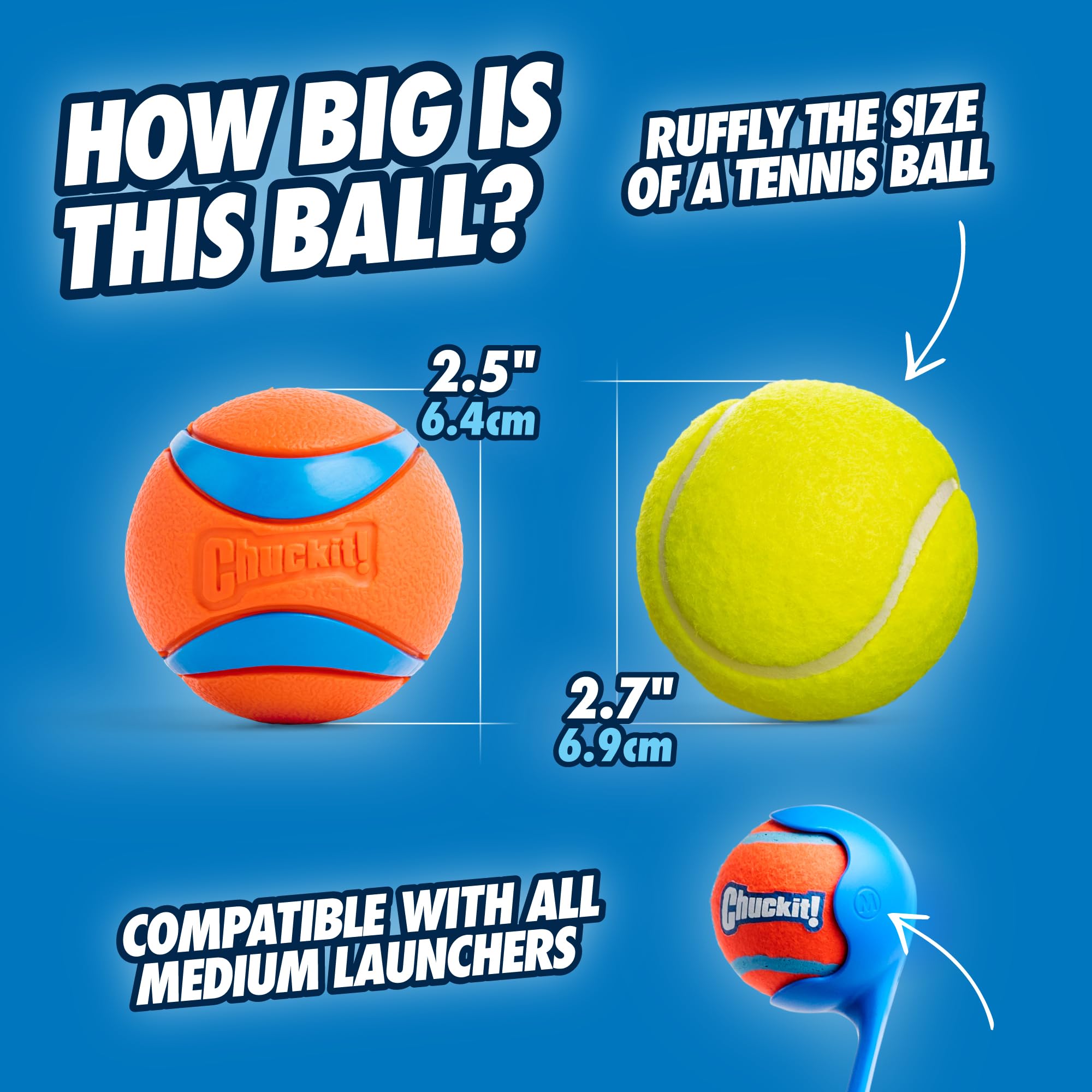 Chuckit! Ultra Dog Ball & Launcher Bundle Classic 26M 26 Length with 2 Pack Medium (2.5) Bouncy Fetch Balls for Dogs 20-60 lbs,