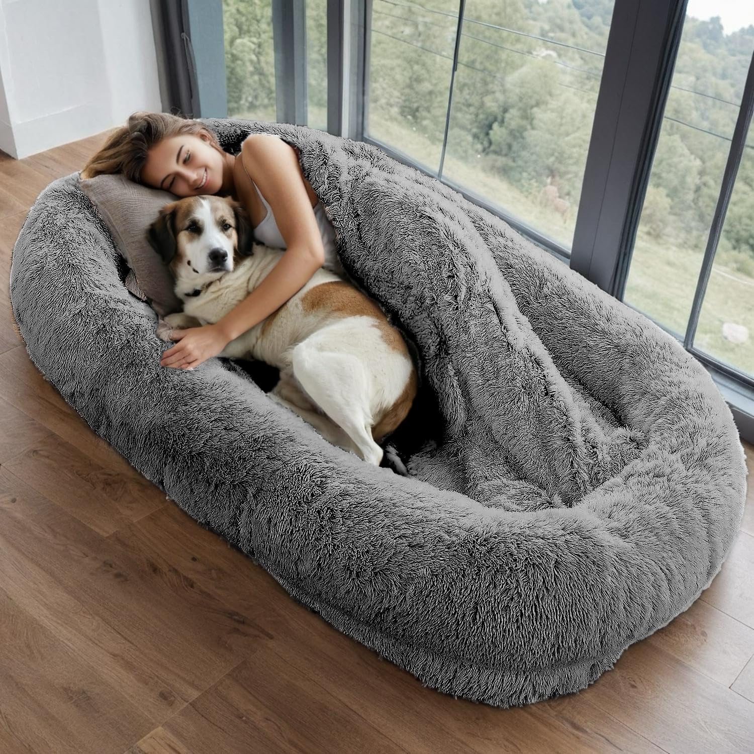 Human Dog Bed For Adults And Pets, 72''X46''X9'' Extra-Large Comfortable Bed With Storage Pocket And Soft Blanket, Washable And