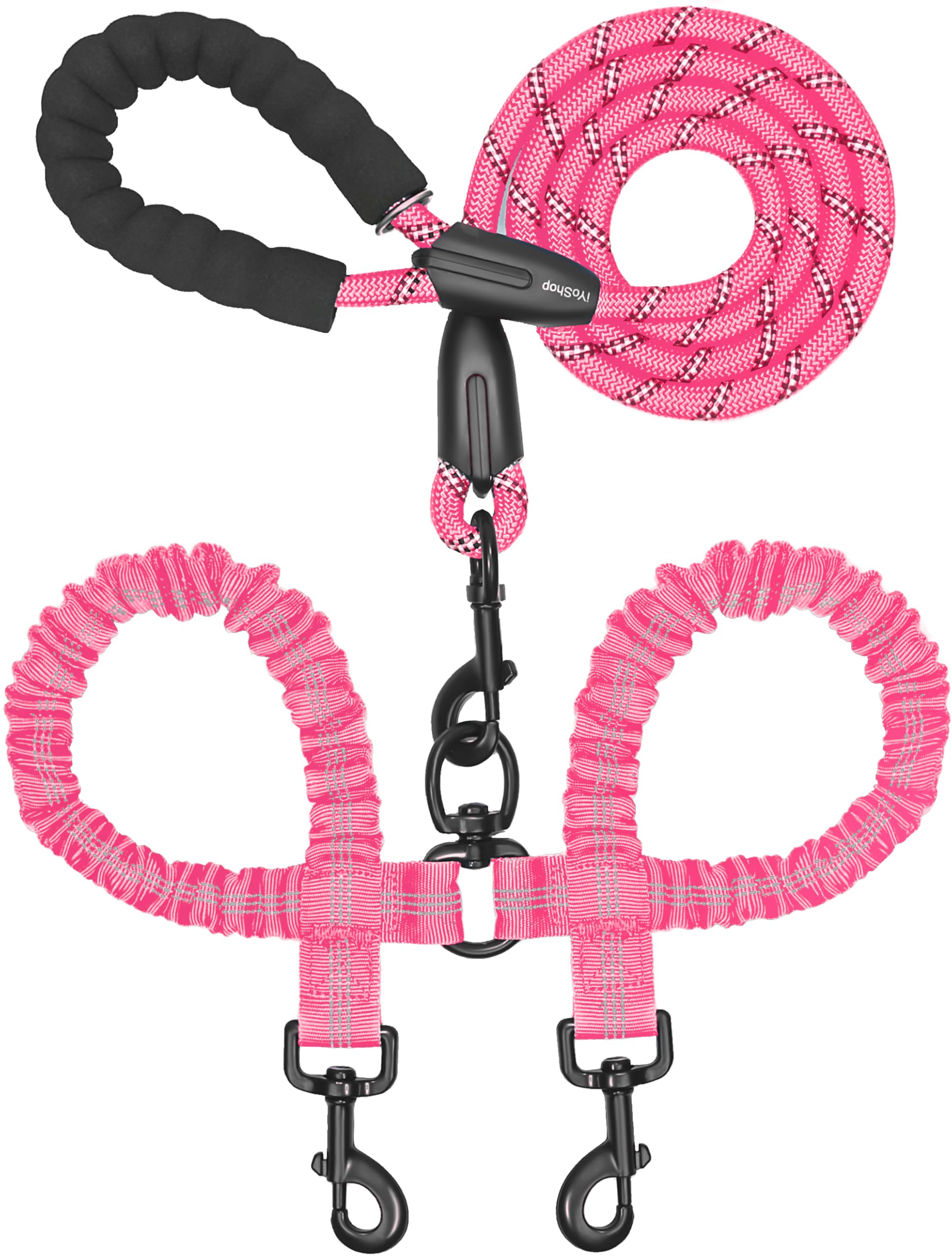 Iyoshop Dual Dog Leash, Double Dog Leash, 360 Swivel No Tangle Walking Leash, Shock Absorbing Bungee For Two Dogs, Pink, Large (25-150 Lbs)