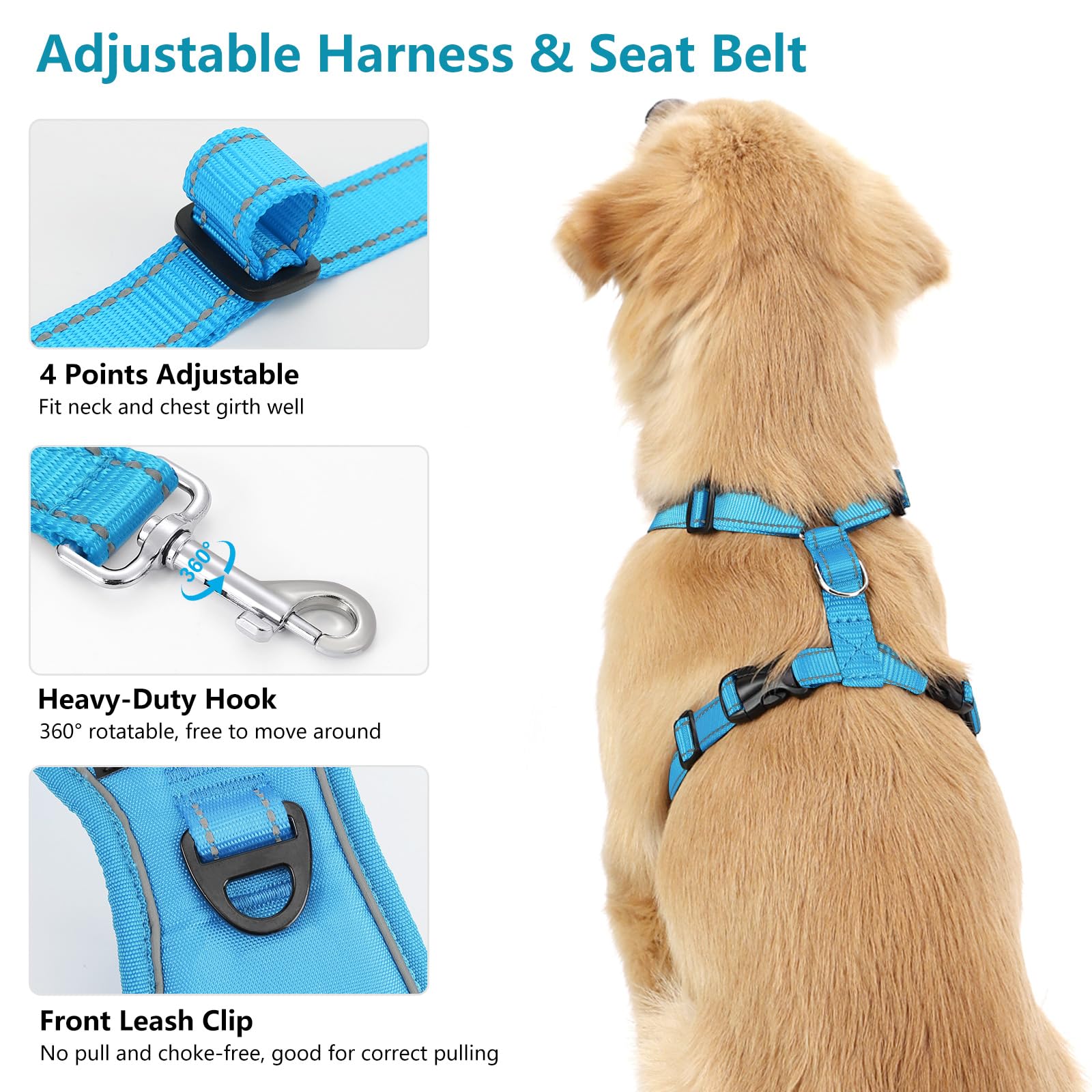 Vavopaw Dog Seat Belt Harness For Car, Dog Car Harness Adjustable Mesh Breathable & Dogs Seatbelt Safety Tether With Elastic Bun