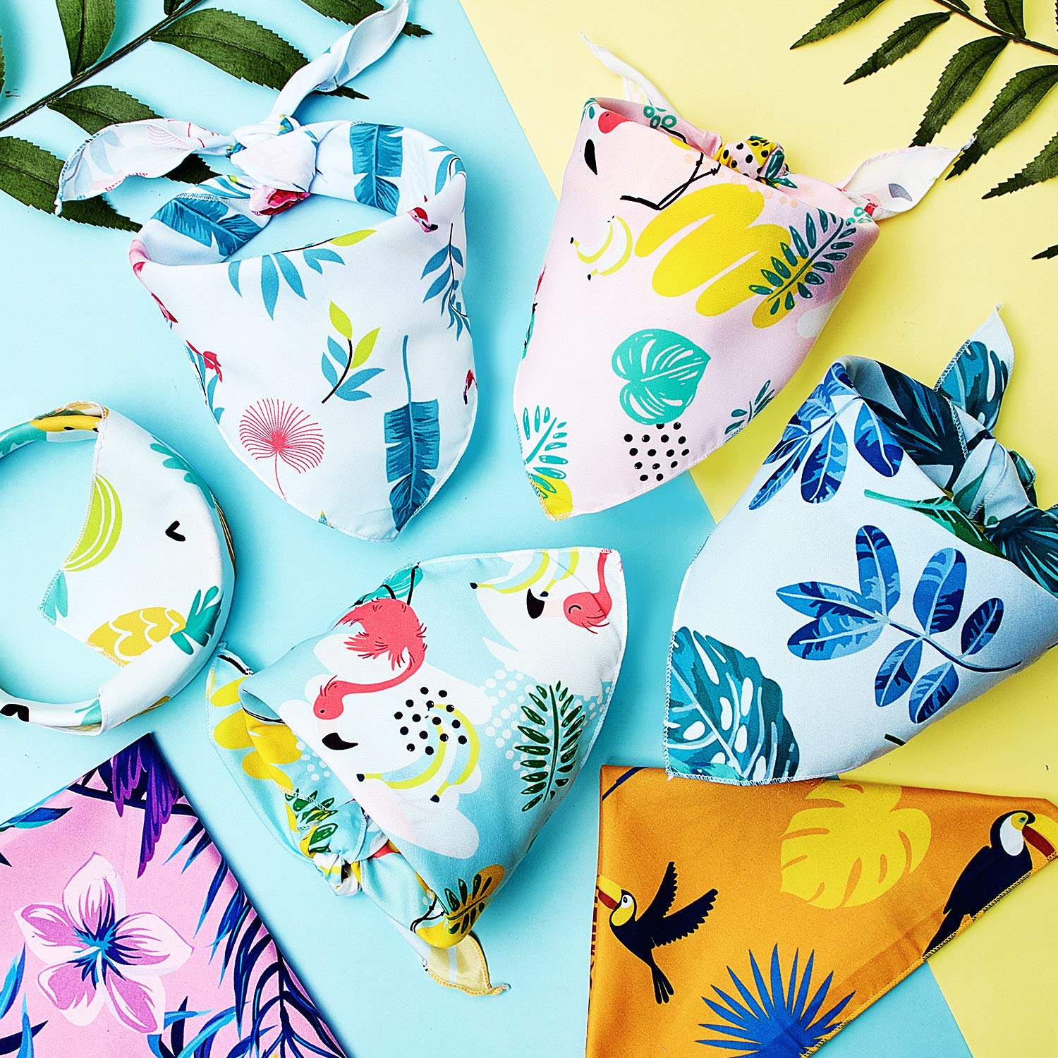 Frienda 8 Pieces Summer Pet Bandanas Triangle Dog Bandana Hawaiian Dog Scarf Triangle Bibs Adjustable Rainforest Fruit Flamingo