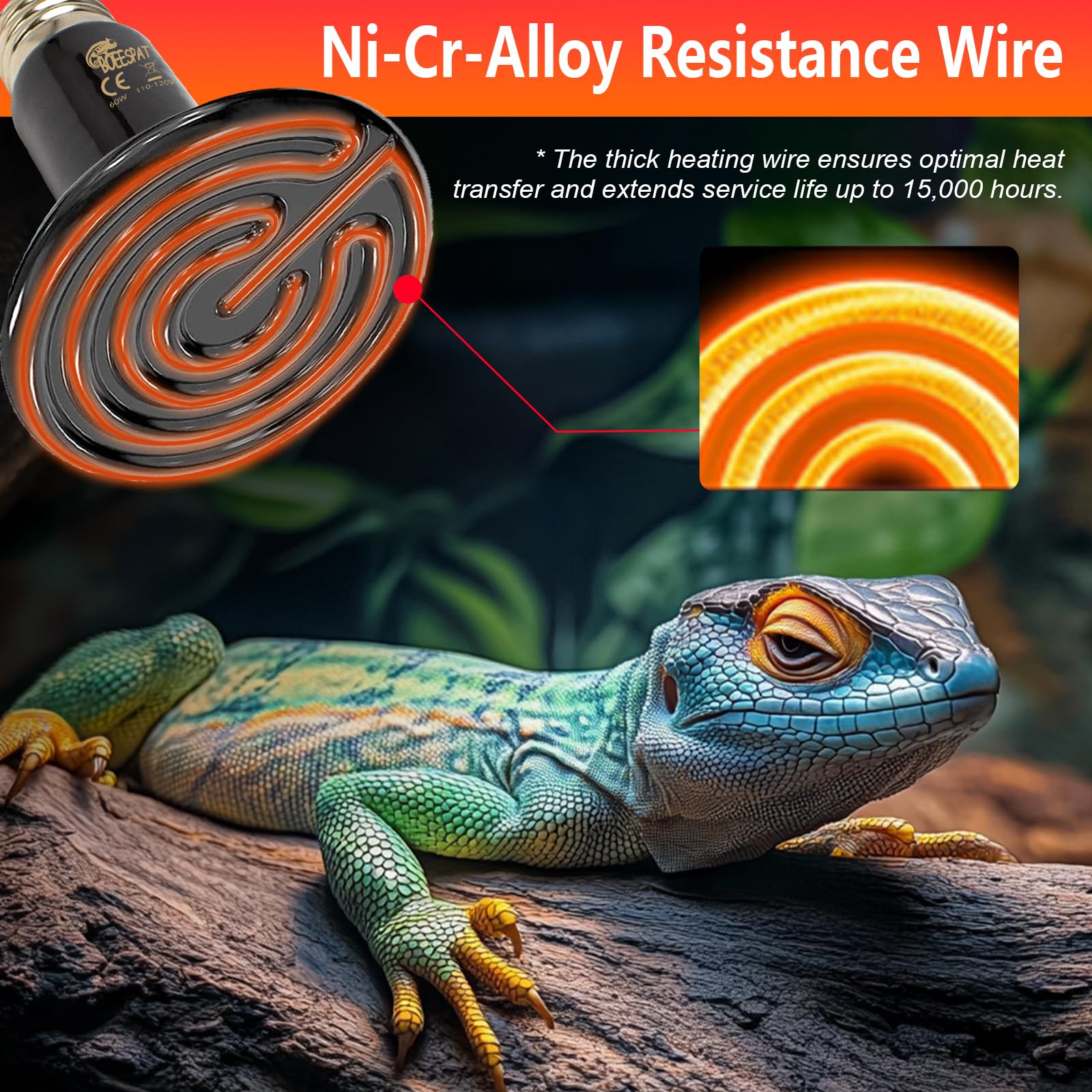 Boeespat Energy Efficient 60W Reptile Basking Heat Lamp Bulbs, Pack Of 2 Ceramic Heat Emitters For Tortoise, Bearded Dragon, Liz
