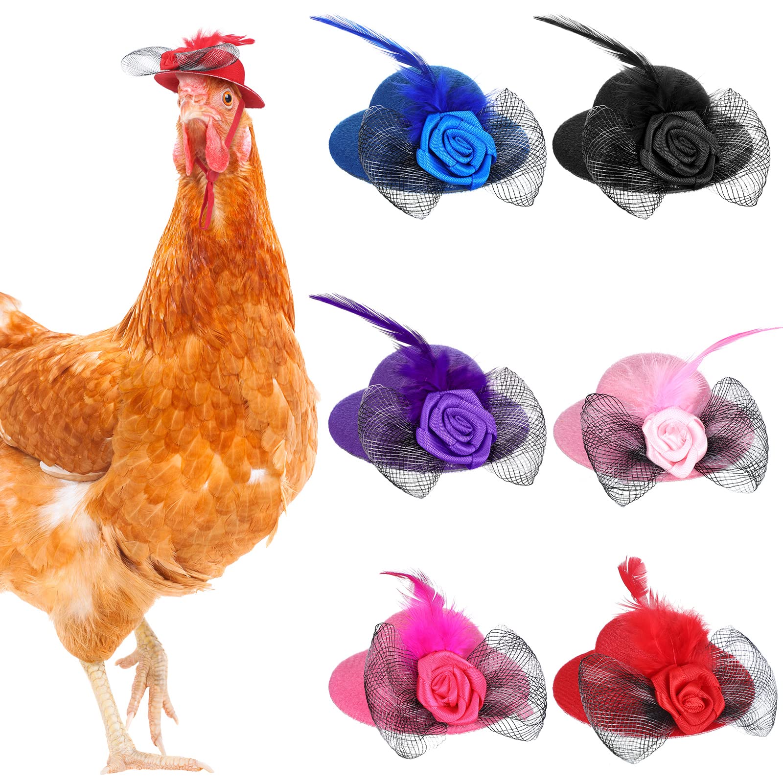 6 Pieces Chicken Hats For Hens Tiny Pets Funny Halloween Accessories Feather Top Hat With Adjustable Elastic Chin Strap Rooster Duck Parrot Poultry Stylish Show Costume (Simple Style)