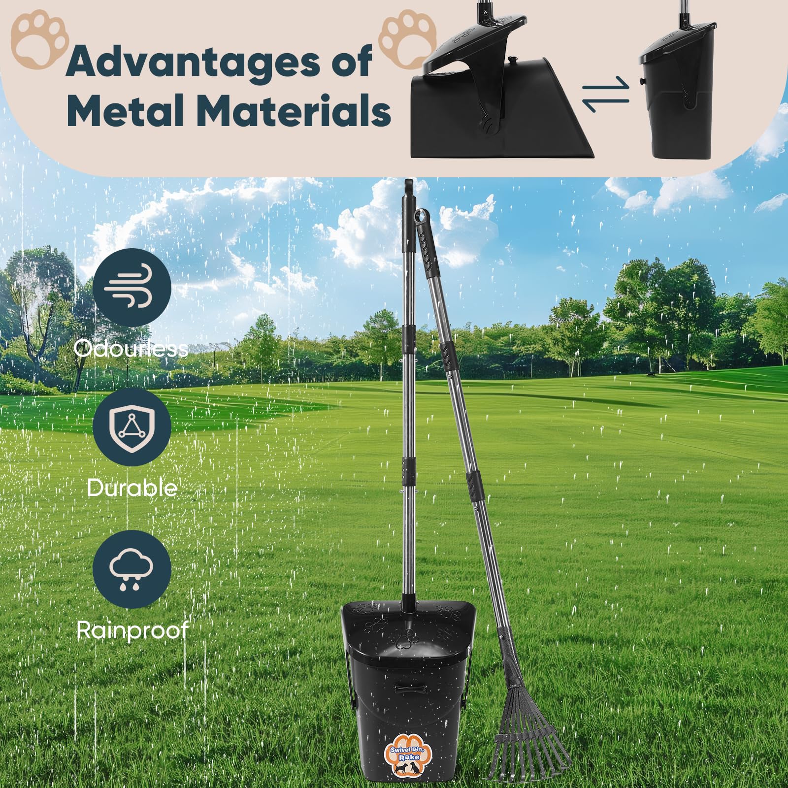 Ulugt Stainless Steel Dog Pooper Scooper,40'' Long Handle Swivel Bin, Rake And Spade,20 Waste Bags & Hook - Heavy Duty Portable