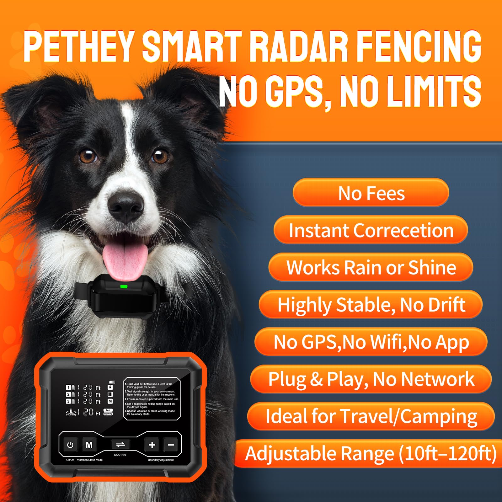 PETHEY Wireless Dog Fence System for Two Dogs, 1 Acre, High-Precision Radar, Indoor & Outdoor, Black, Model F900