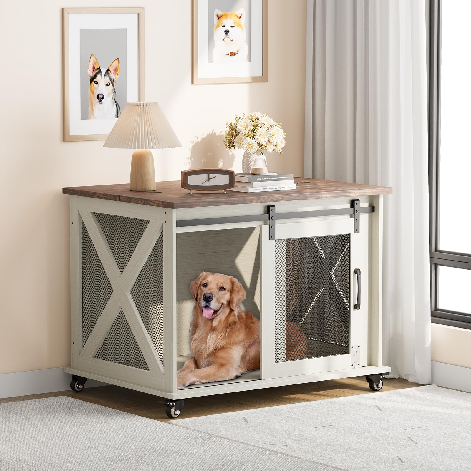 IDEALHOUSE 37 Dog Crate Furniture Side End Table with Flip Top and Movable Divider, Wooden Dog Crate Table Large, Style Dog Ke