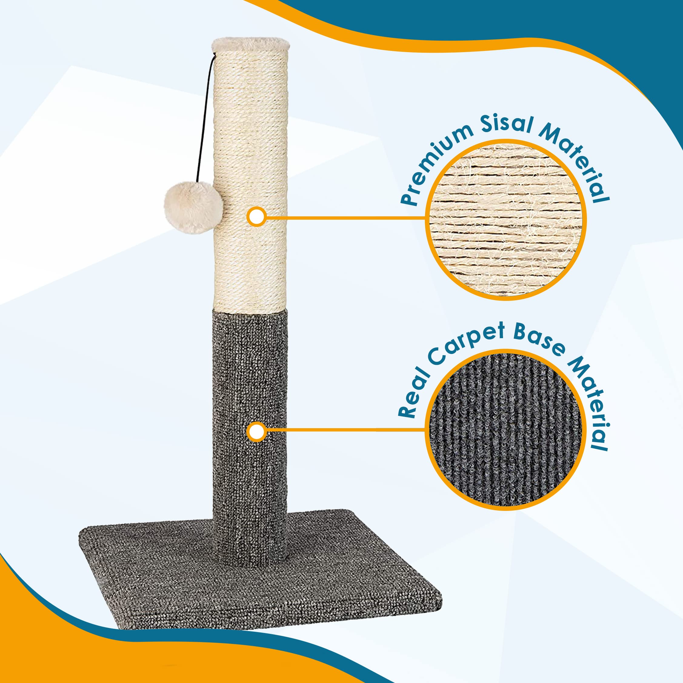 PAWBEE 20 Tall Cat Scratching Post for Indoor Cats - Durable Sisal Rope Scratcher Pole with Playful Hanging Ball - Ideal Cat Tow