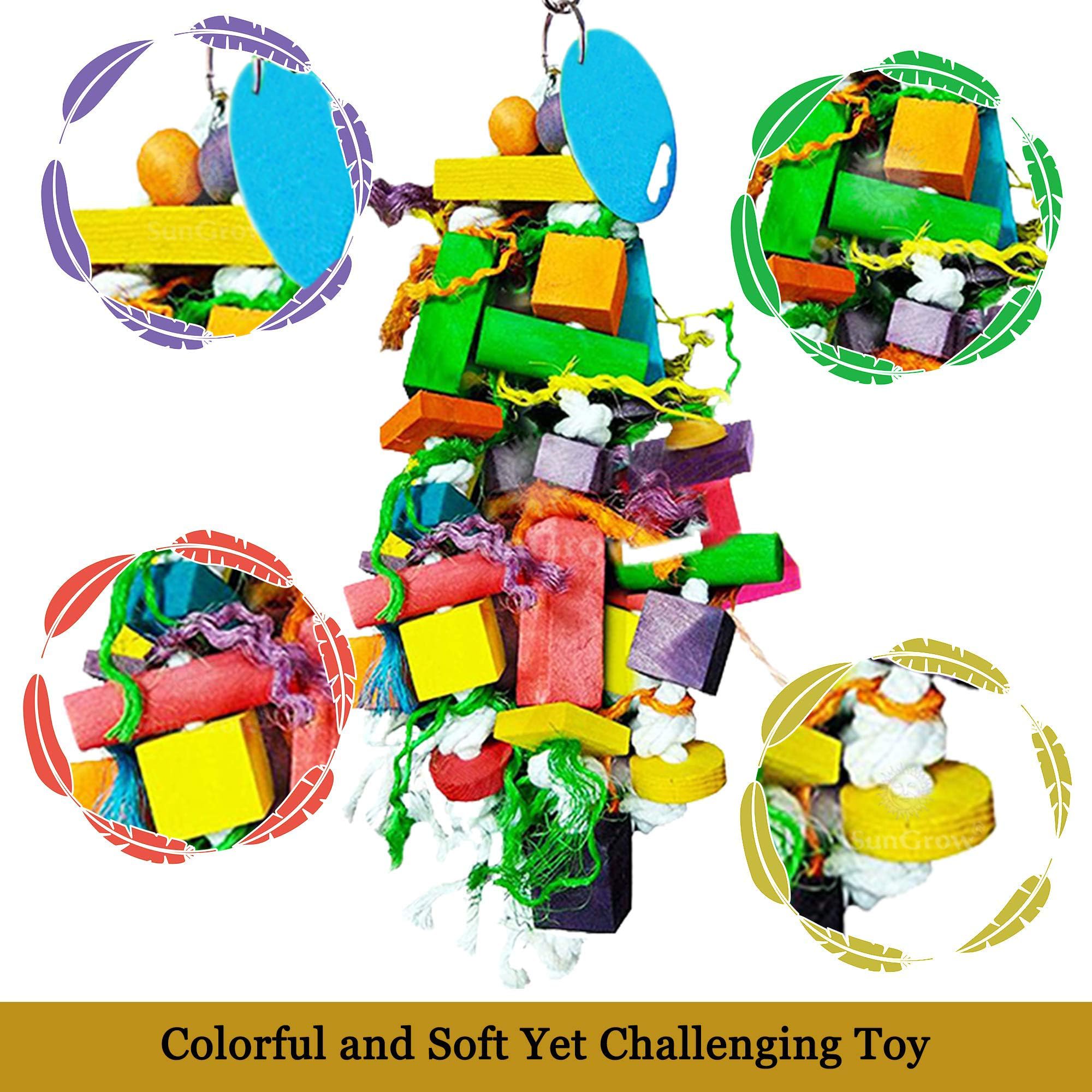 Sungrow Parrot Wooden And Rope Chewing Toy, Multi-Shaped And Multicolored Blocks And Cotton Rope With Hanging Loop