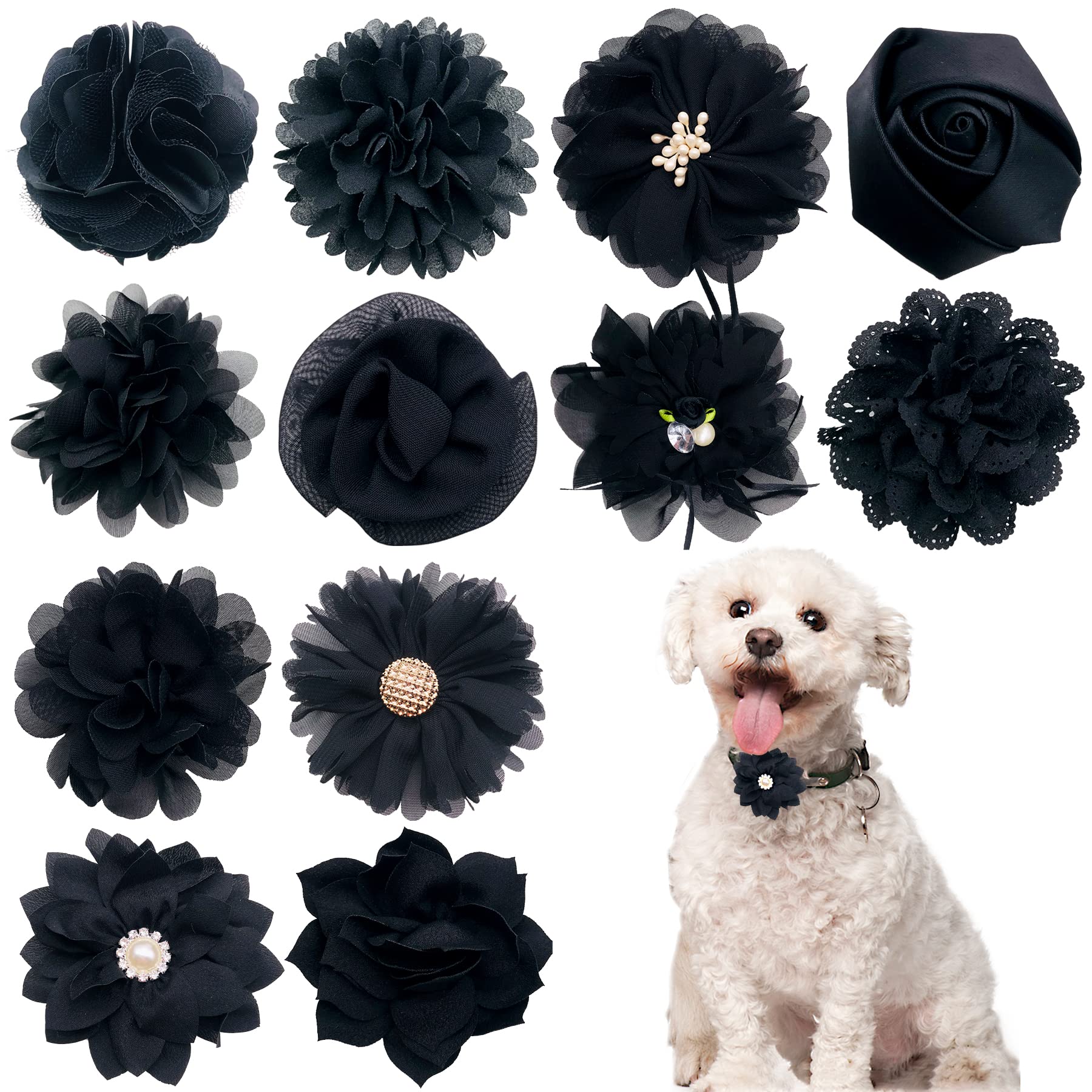 PET SHOW 12pcs Black Dog Collar Bows and Flowers Attachment for Girls Boys Puppies Cats Small Medium Dogs Collars Embellishment 