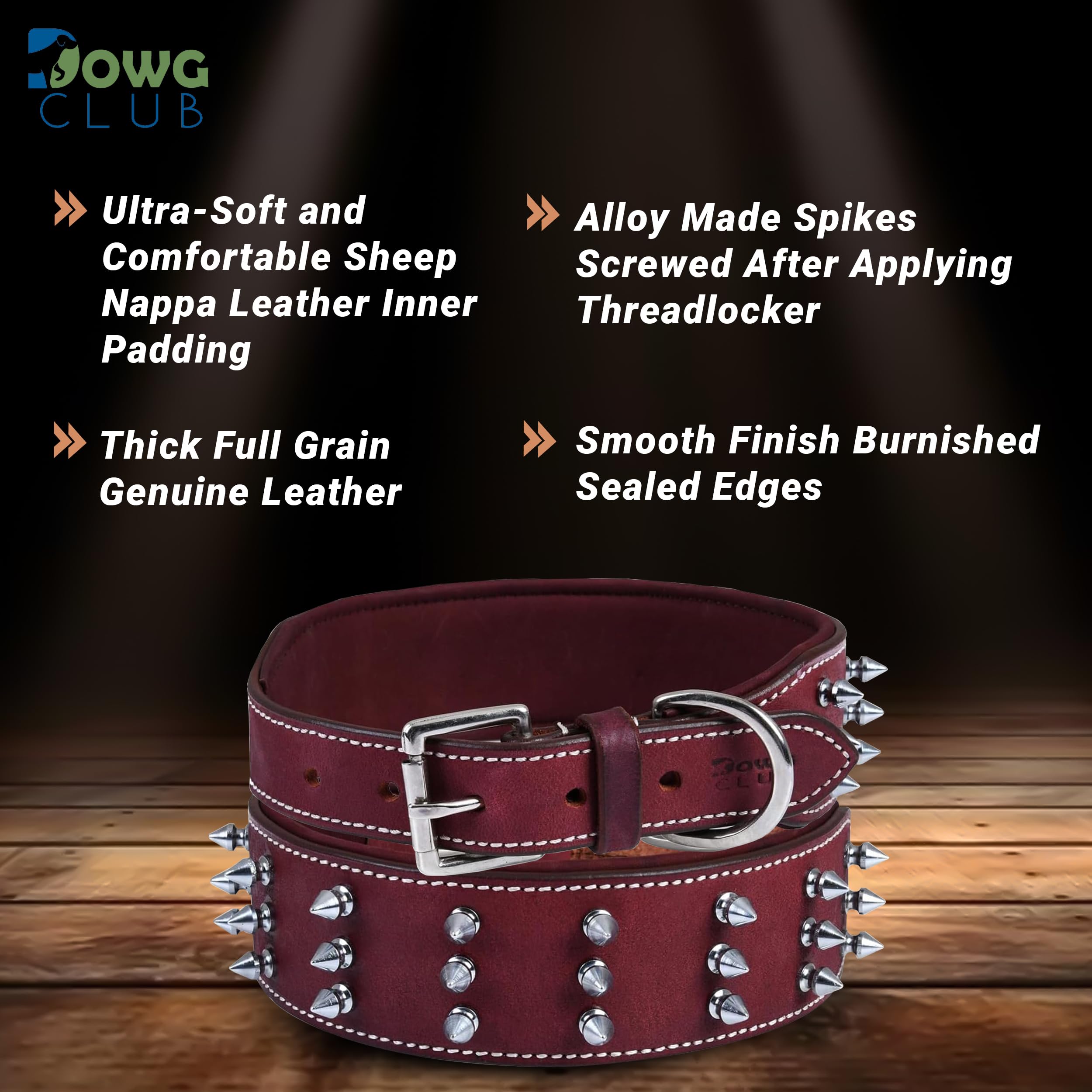 Dowgclub | Genuine Leather Spike Dog Collar | Full Grain, Heavy Duty | Comfortable, Strong, Best For Medium, Large, Xl Breeds |