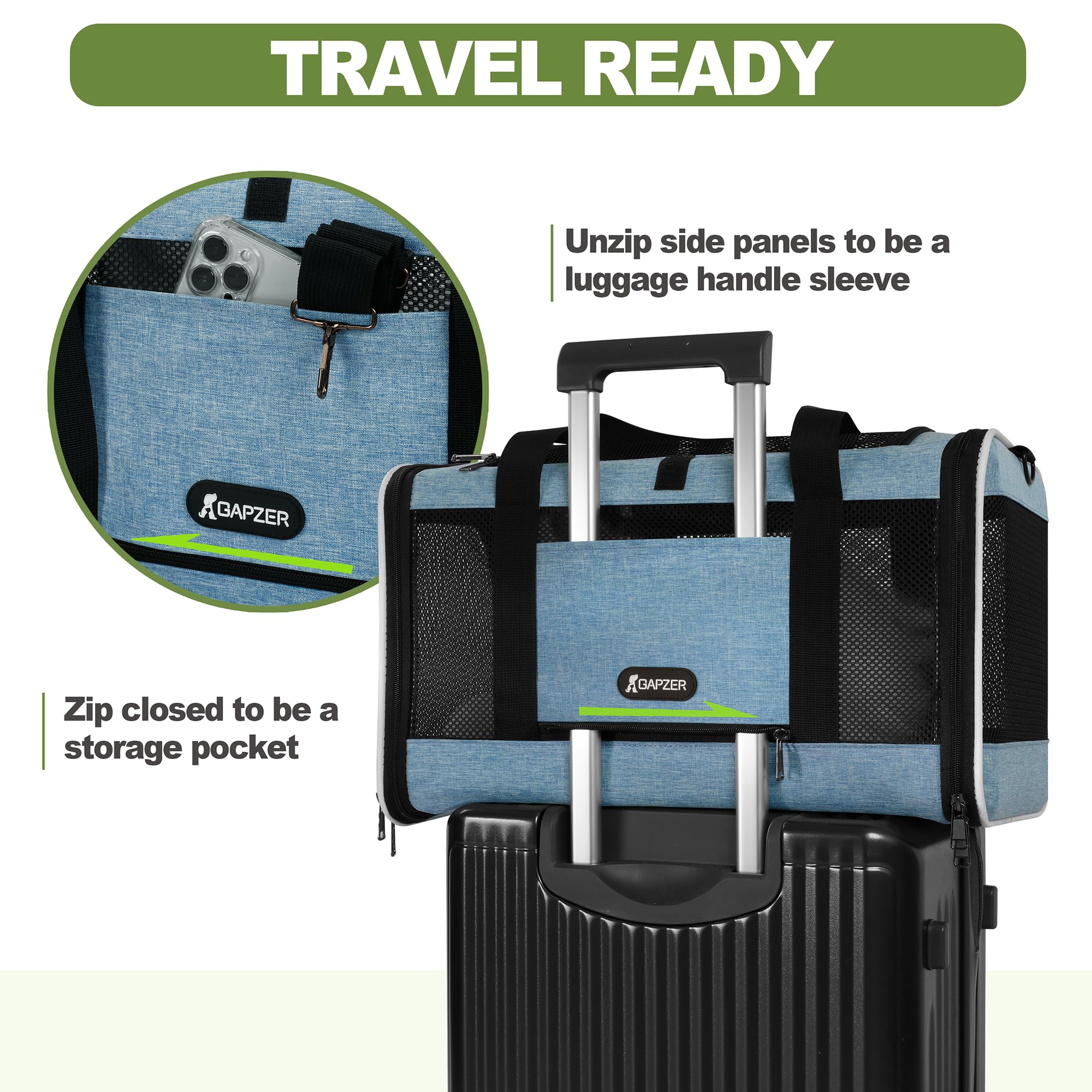 GAPZER Cat Carrier - Soft-Sided Travel Bag for Pets, Medium Size, Blue, Top Loading, 600D Oxford, Ideal for Small Dogs & Cats Under 25 lbs