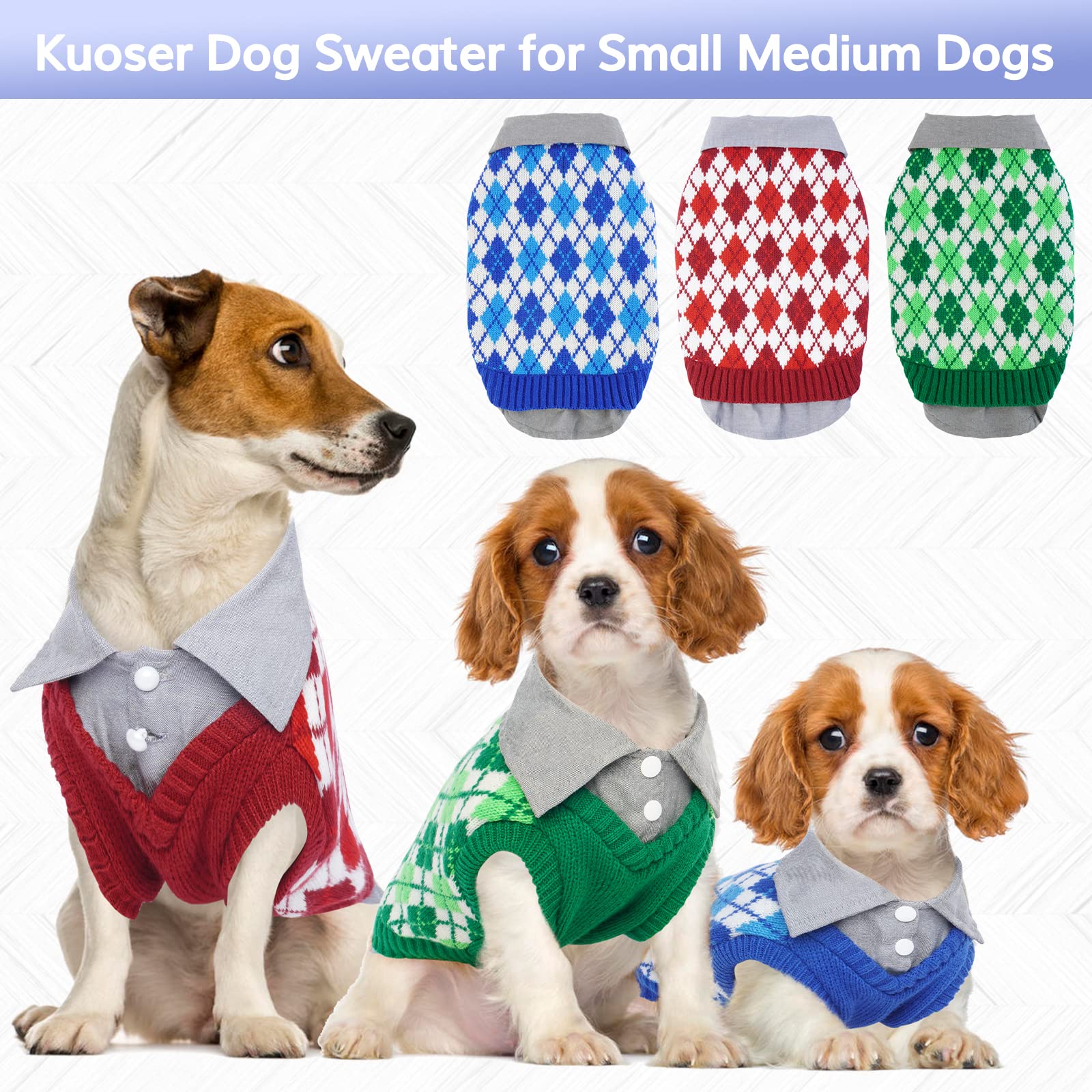 Kuoser Plaid Dog Sweater Warm Clothes, Patchwork Design Pet Dog Knitwear Classic Pullover Puppy Coat Cold Weather Sweatshirts Wi