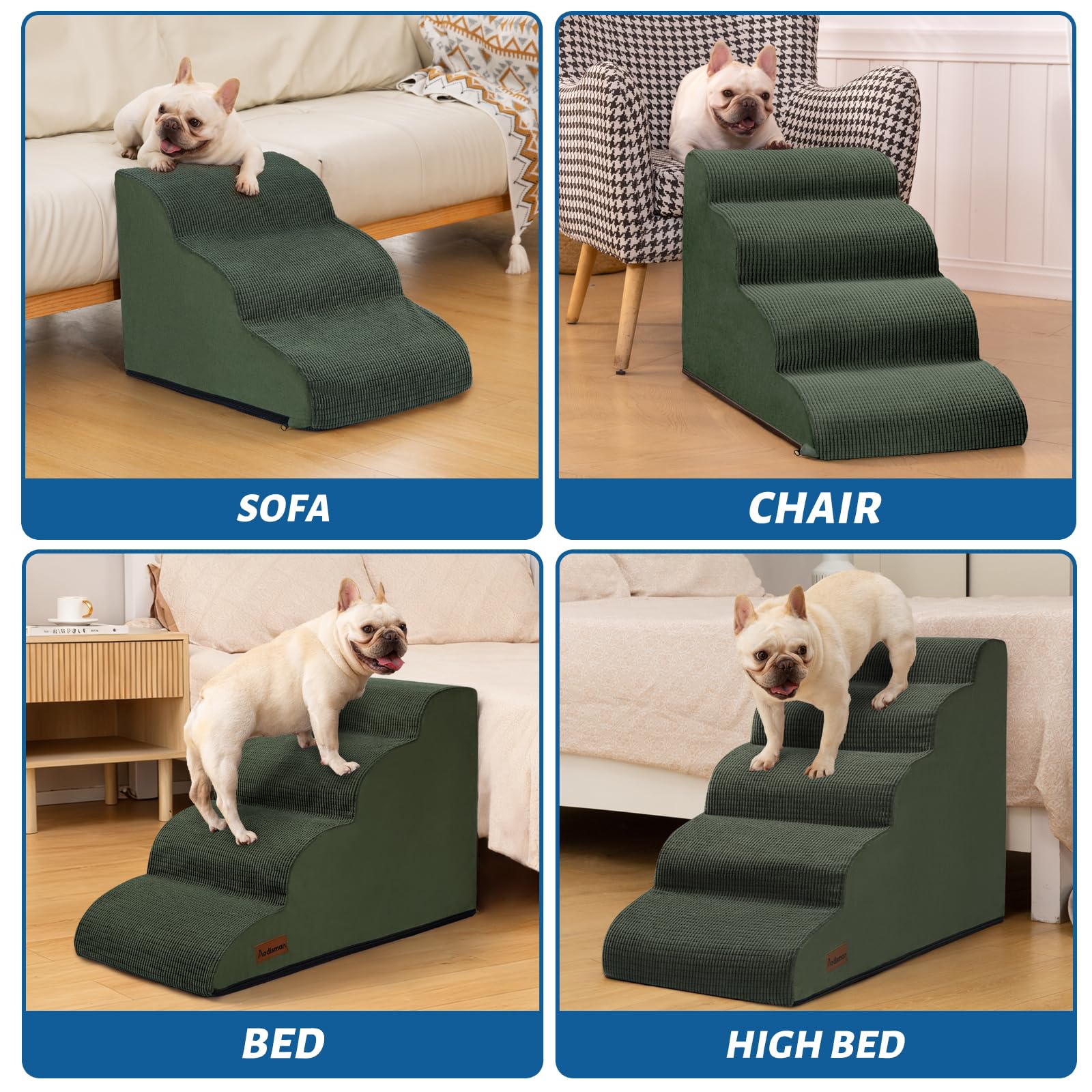 Aodisman 3-Step Dog Ramp and Stairs for Sofa and Chair - Non-Slip Sturdy Pet Steps for Small Dogs and Cats,15.7 H,Green