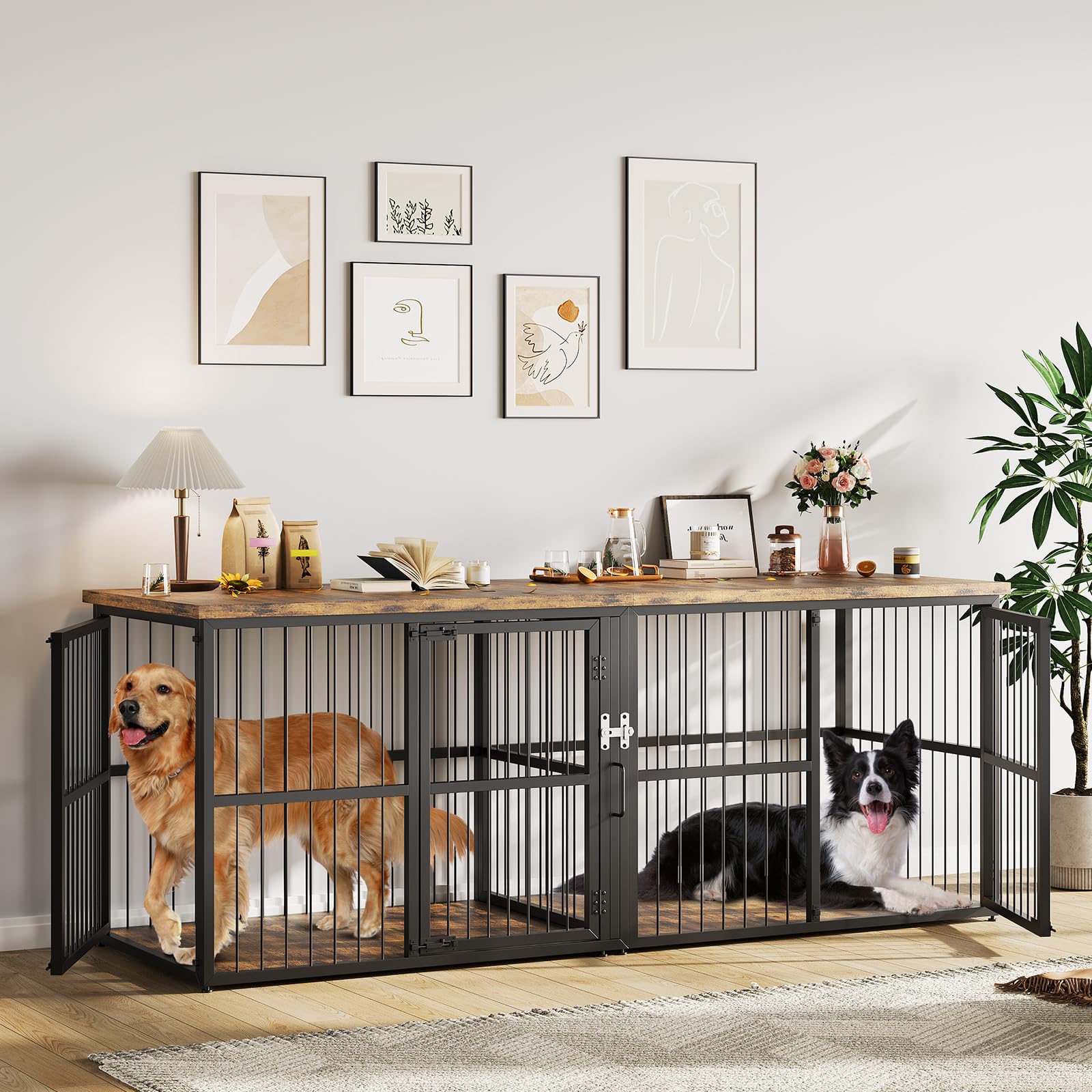 Garvee 87 in Extra Large Double Dog Crate Furniture with Divider, Heavy Duty Indoor Double Dog Cage with 3 Doors, XXL Wooden Pet