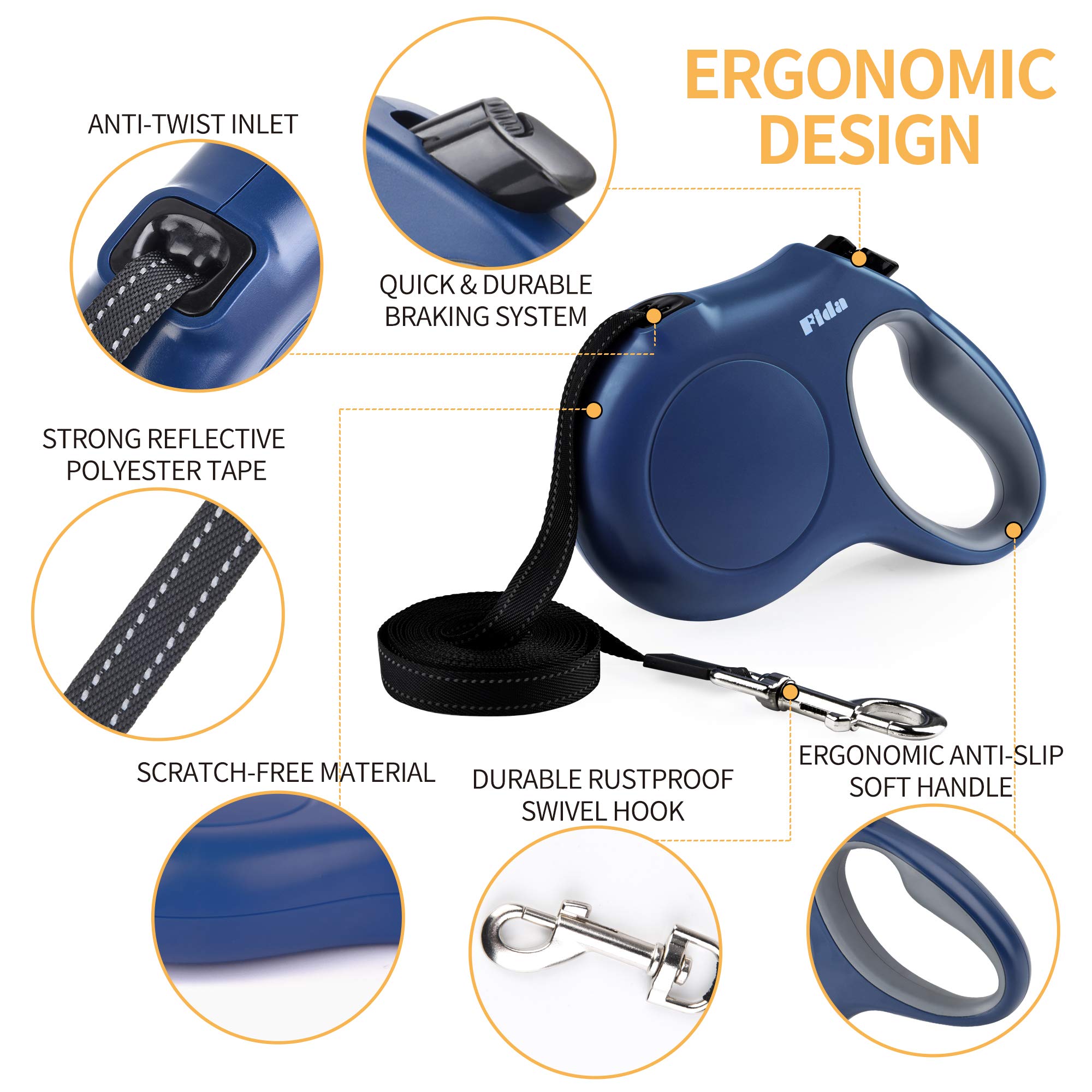 Fida Retractable Dog Leash, 16 Ft Dog Walking Leash For Large Dogs Up To 110Lbs, Tangle Free,Navy Blue