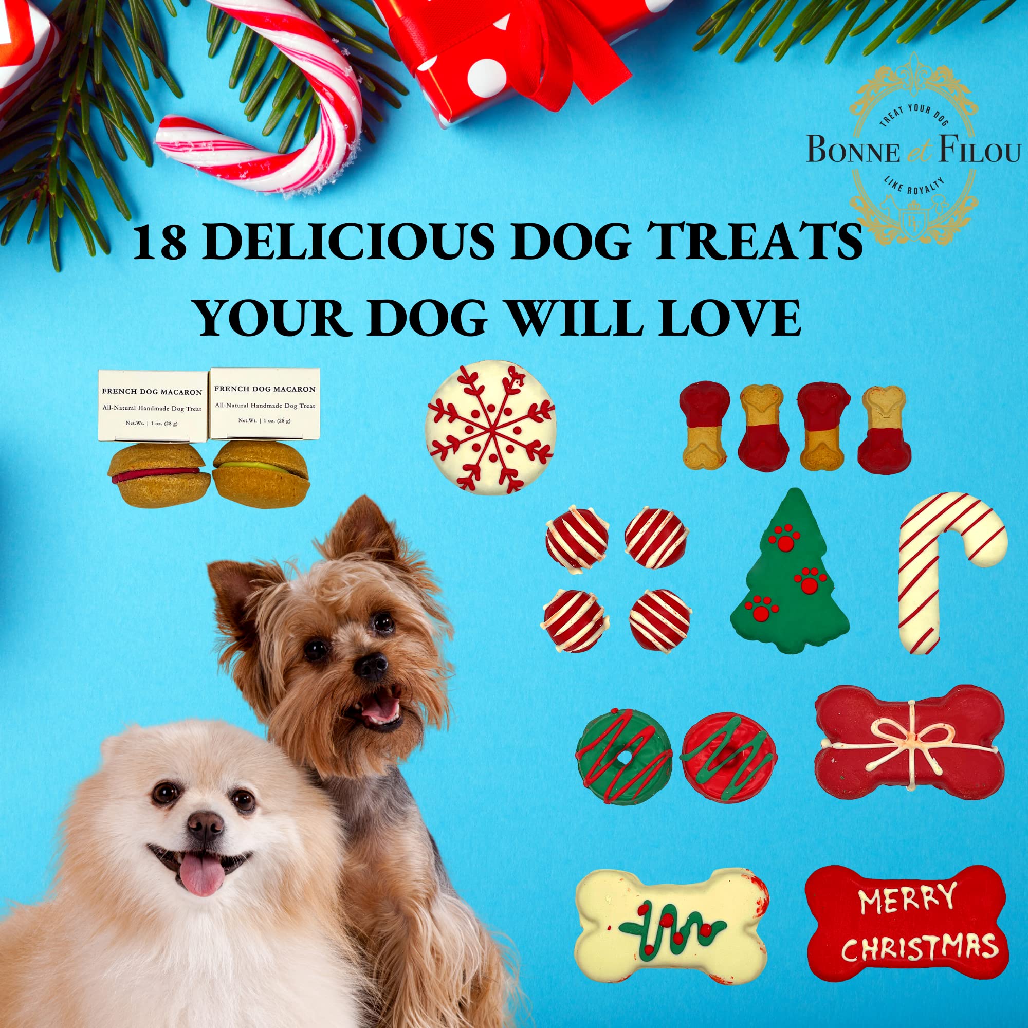 Bonne et Filou Christmas Dog Treats, Luxury Gourmet Gift Box, 18 Hand Designed Macarons, Truffles & Bone Cookies, Perfect Holida