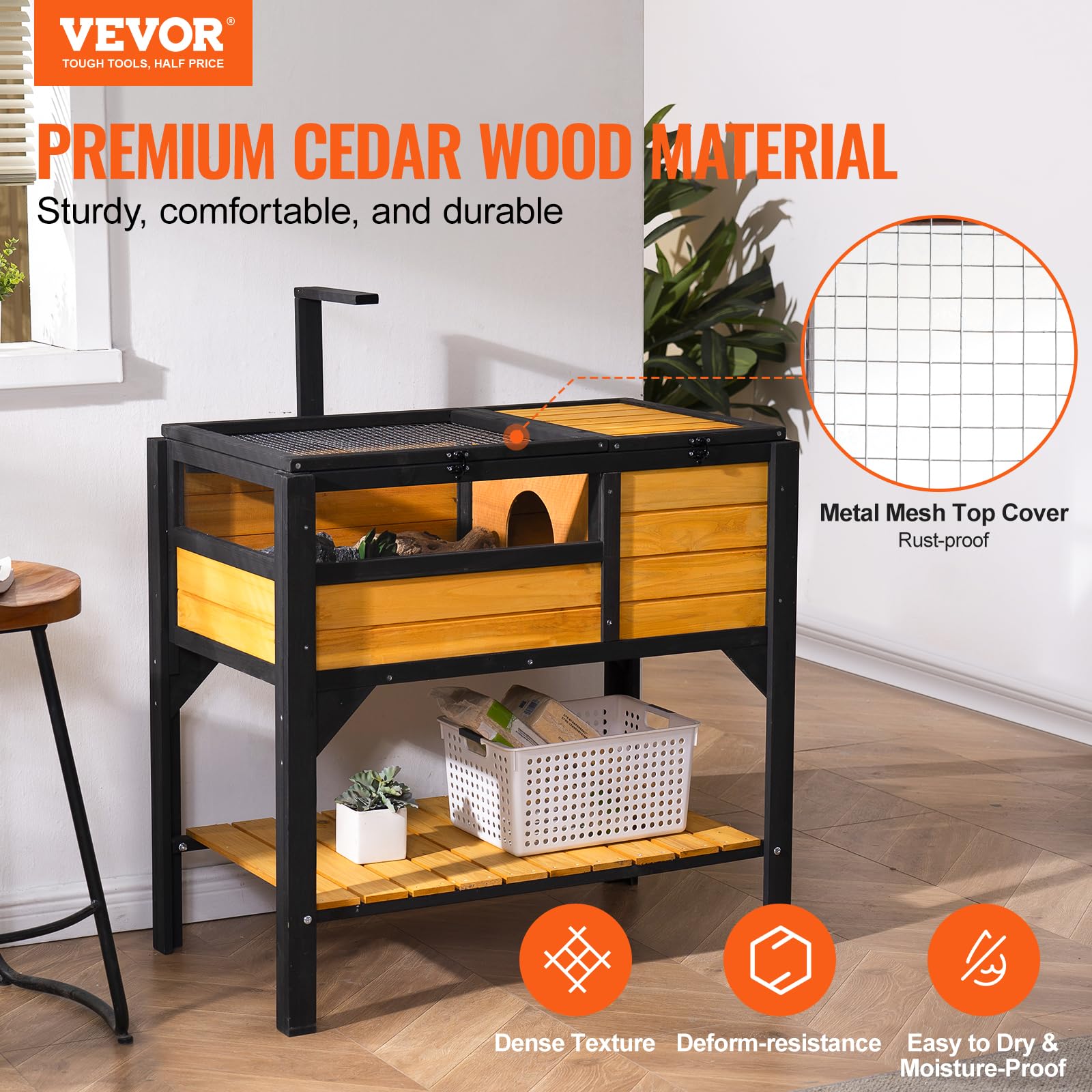 VEVOR Tortoise Habitat - Cedar Wooden Enclosure with Light Stand, 33"x19.7"x32.5", Indoor & Outdoor Use, Model MSH-T03, Wood + Black