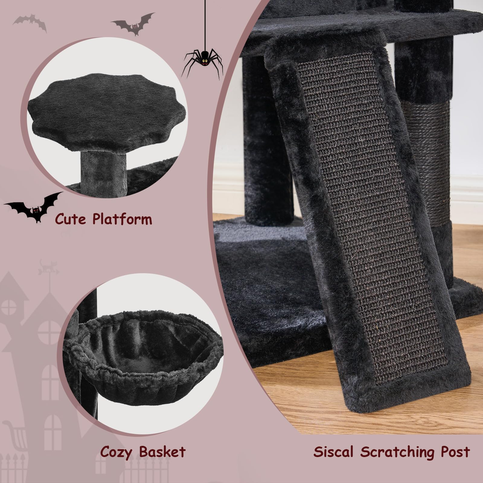 Bewishome Gothic Cat Tree With Coffin Bed Cat Tower For Indoor With Spacious Condo, Sisal Scratching Ramp, Cozy Basket Black Pet