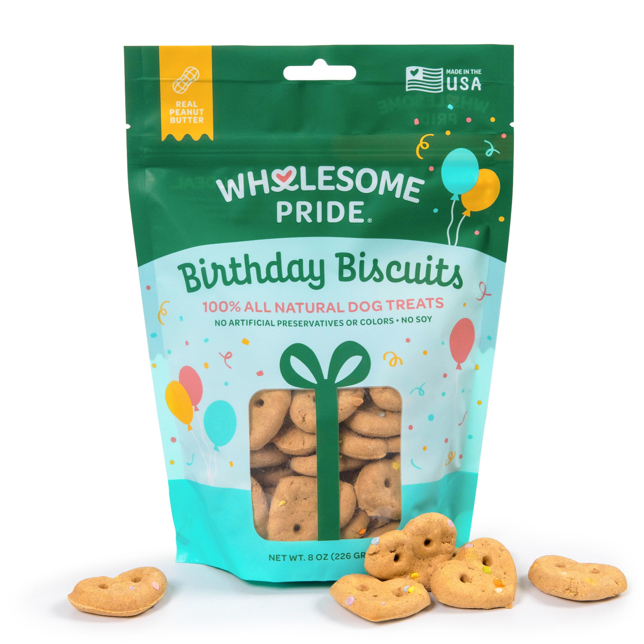 Wholesome Pride Birthday Biscuits Dog Treats, Real Peanut Butter, All Natural, No Artificial Preservatives or Colors, Crunchy He