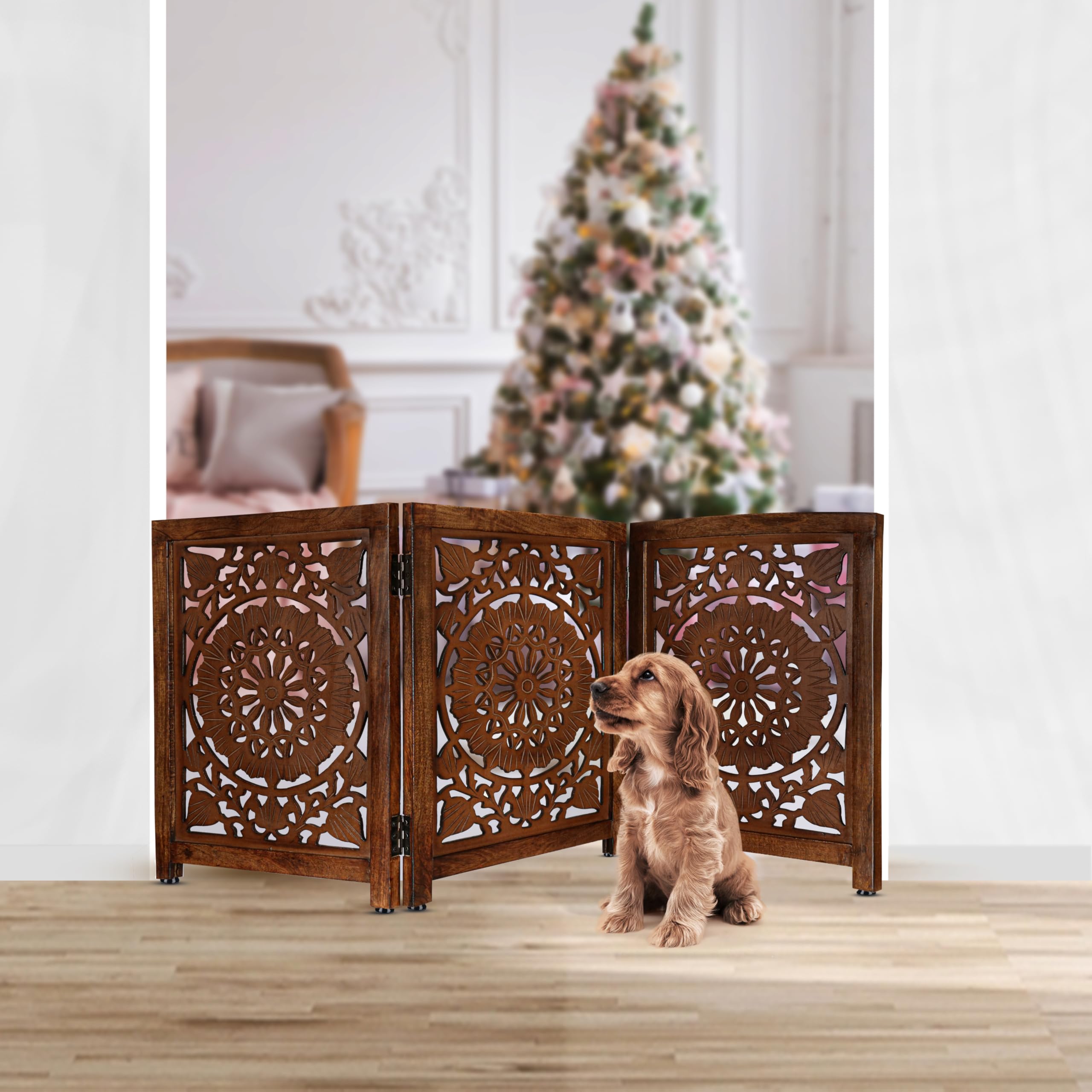 Lightnpro Carved Wooden Dog Gate - Freestanding Foldable Indoor Pet Gate, Extra-Wide Safety Barrier for Dogs & Puppies, Ideal fo