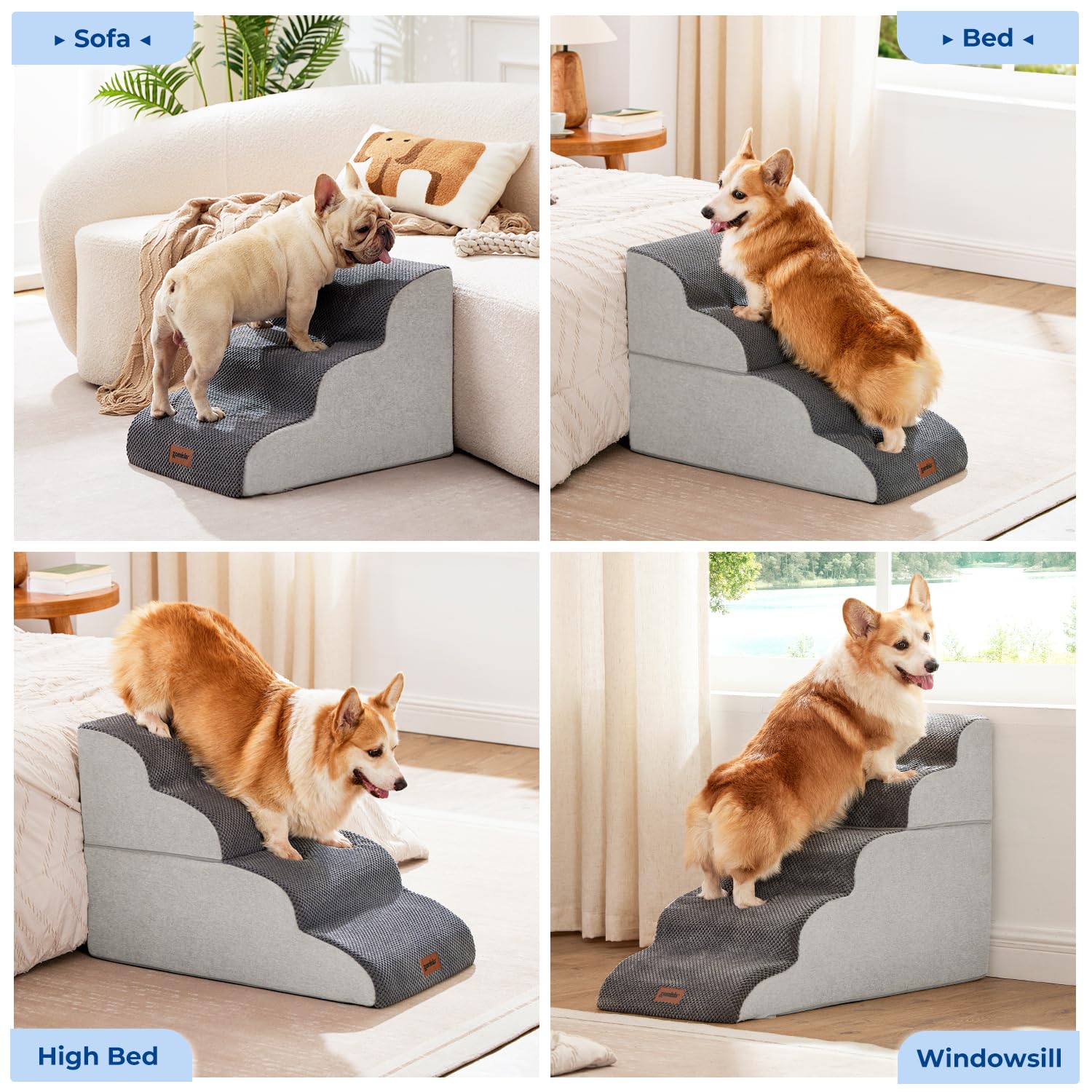 Zomisia Dog Stairs For Small Dogs - Pet Stairs For Couch And Bed, 35D Foam Dog Steps Ramp With Non-Slip Bottom Beige, 3 Steps