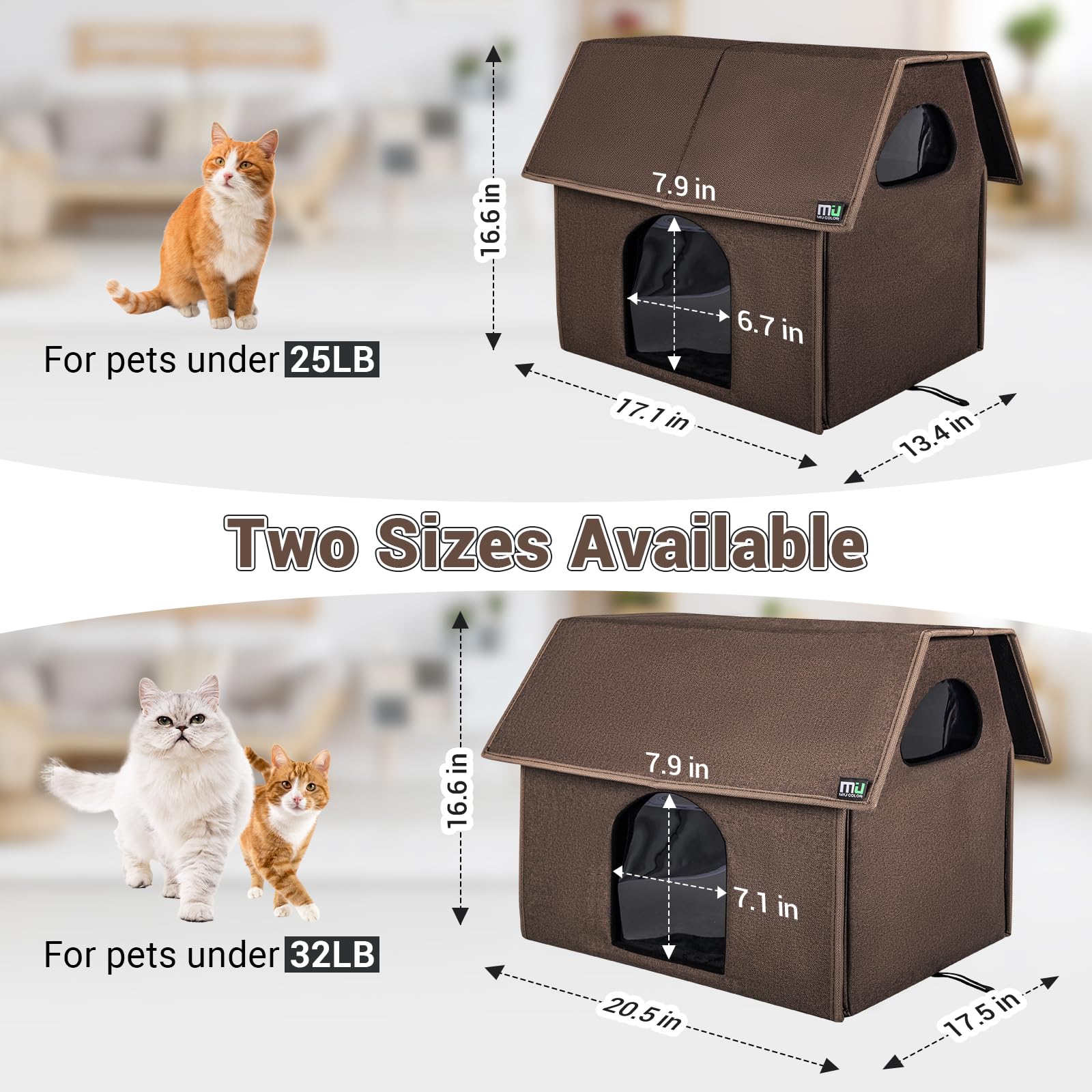 MIU Color Extra Large Outdoor Cat House - Weatherproof Insulated Shelter, 20.5"x17.5"x16.6", Brown, Model MC-HWMH04