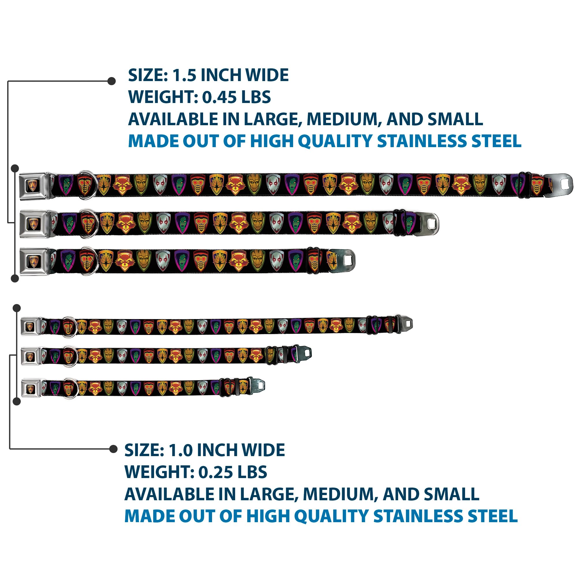 Buckle-Down Dc-Wmc111-L Seatbelt Dog Collar, Large, Guardians Of The Galaxy Badge/5-Character Icons Black/Multi Color, 1' Wide