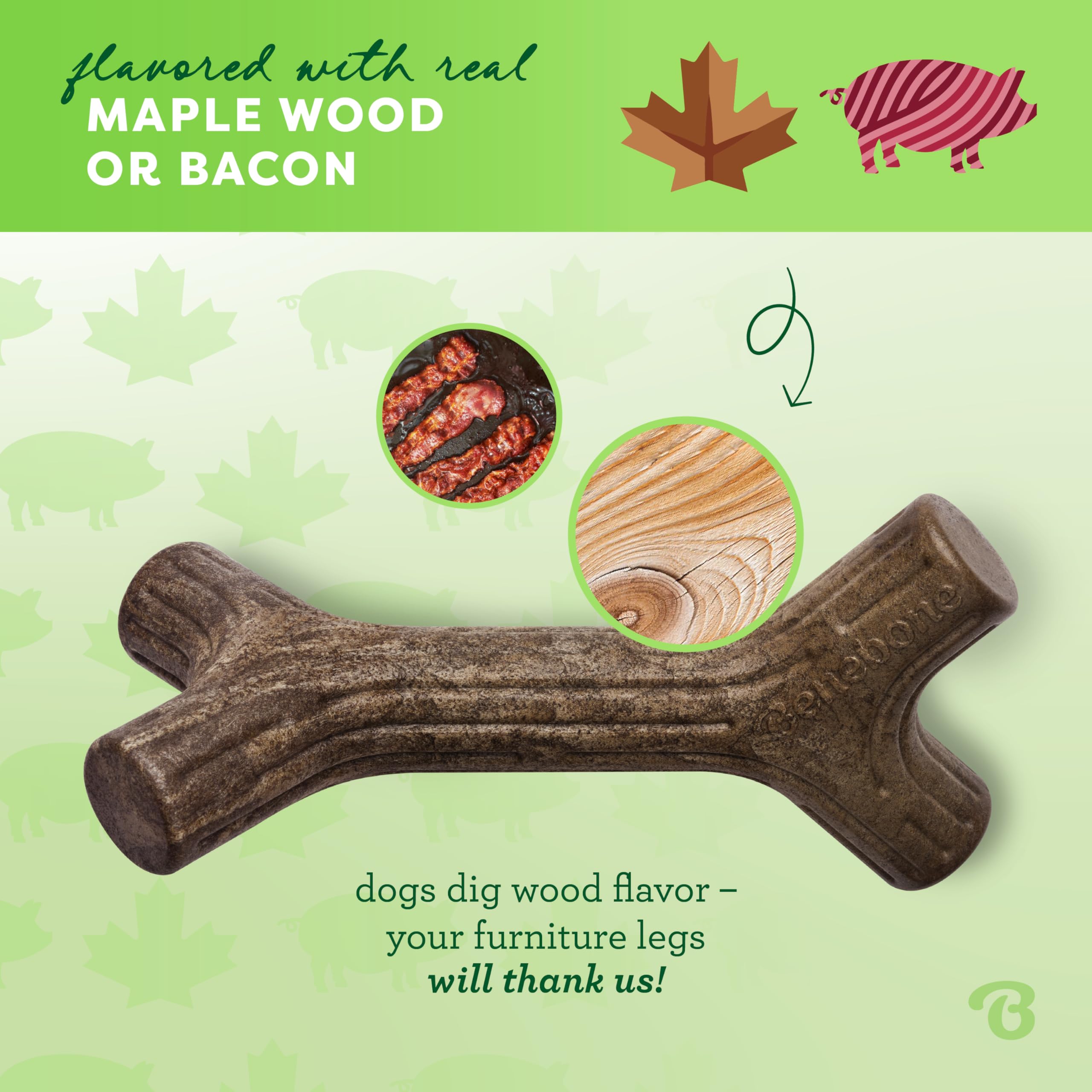 Benebone Bacon Stick Durable Dog Chew Toy For Aggressive Chewers, Real Bacon, Made In Usa, Large