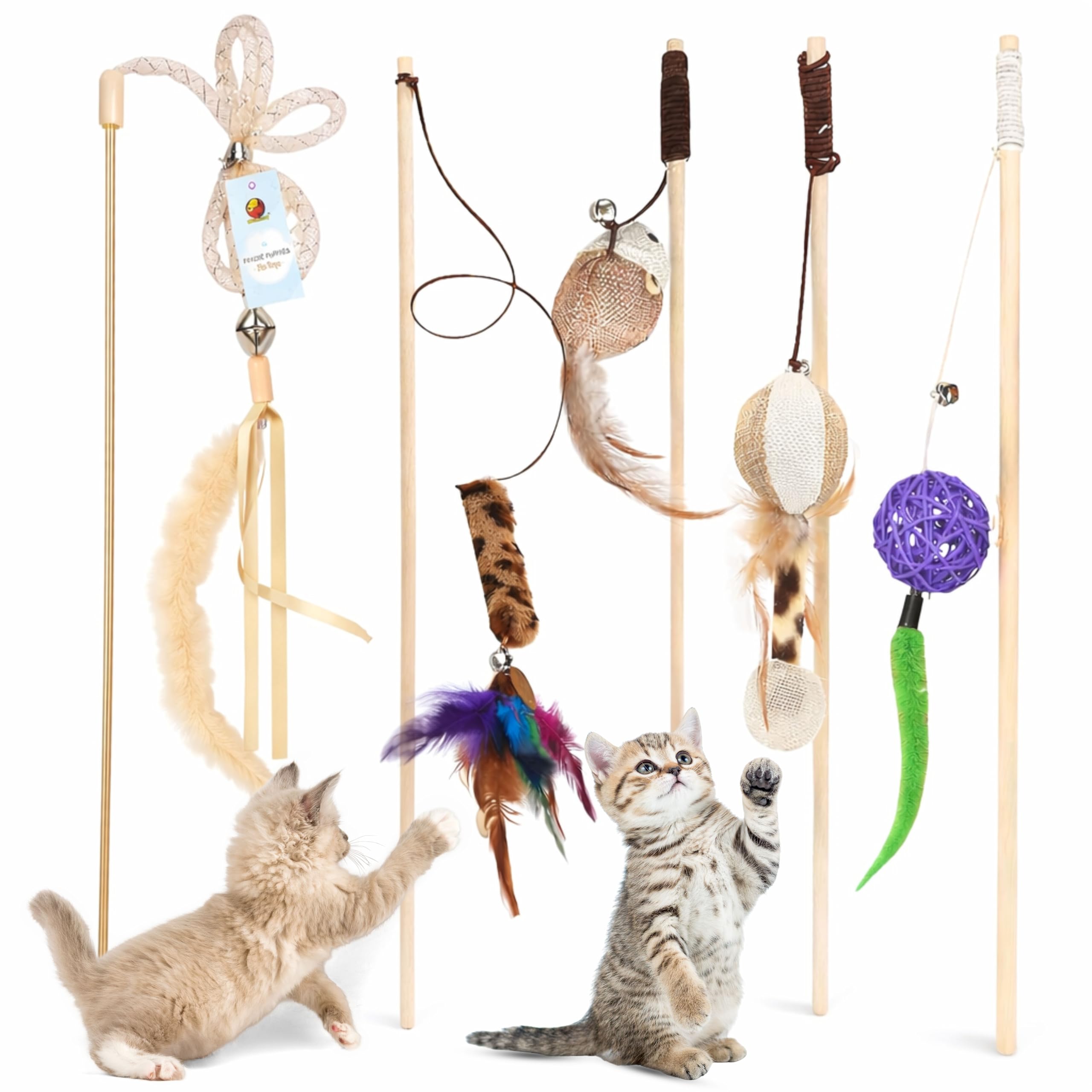 Foodie Puppies 5 Pcs Cat Teaser Stick Toy Gift Combo For Cats & Kittens  (Woolly, Stripe, Rattle, Ball, Mouse Bell) | Interacti