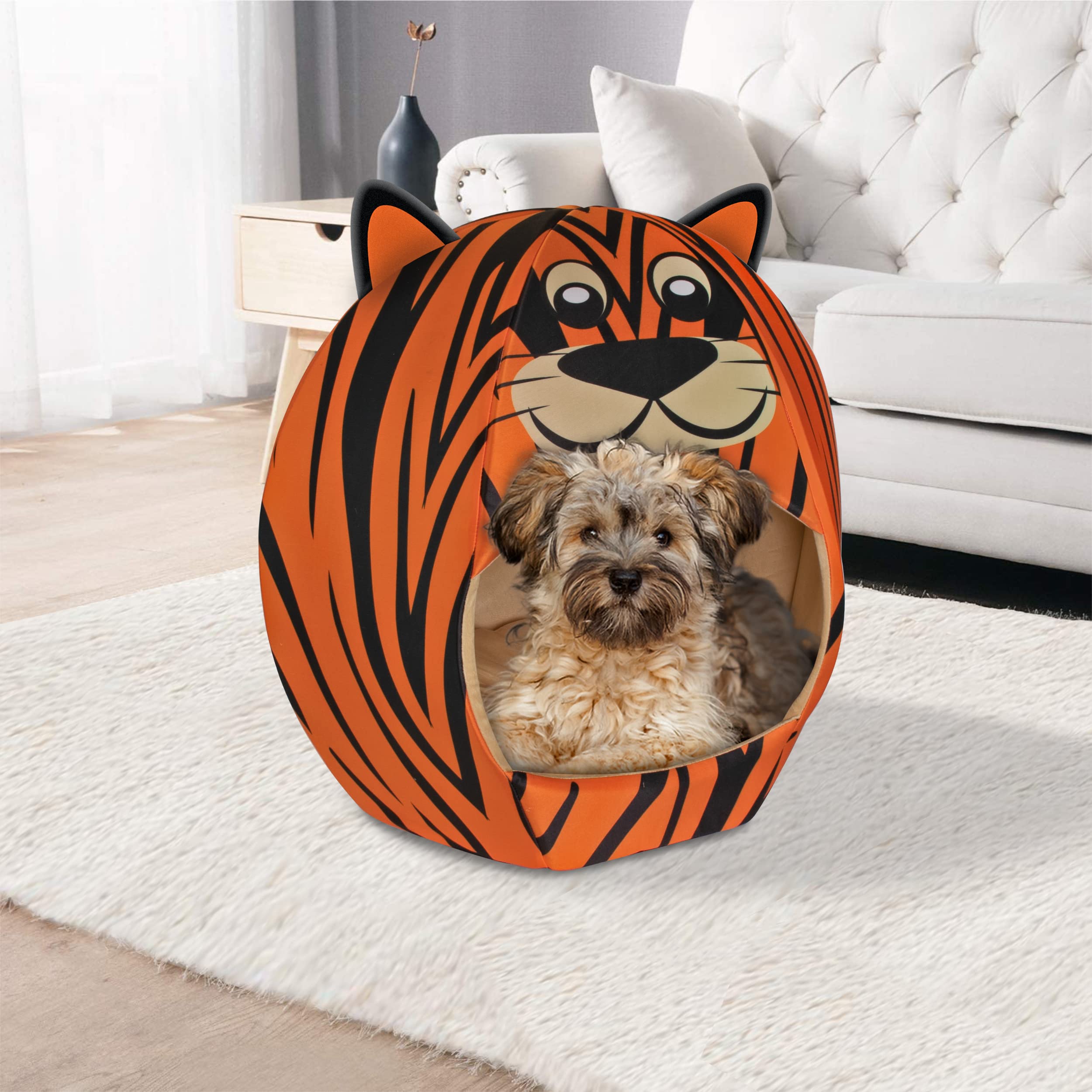Maccabi Art Tiger Theme Dog Bed - Cute Igloo Style Pet Bet - Fits Medium Dogs, Puppies, Cats - Pillow Insert With Plush Lined In