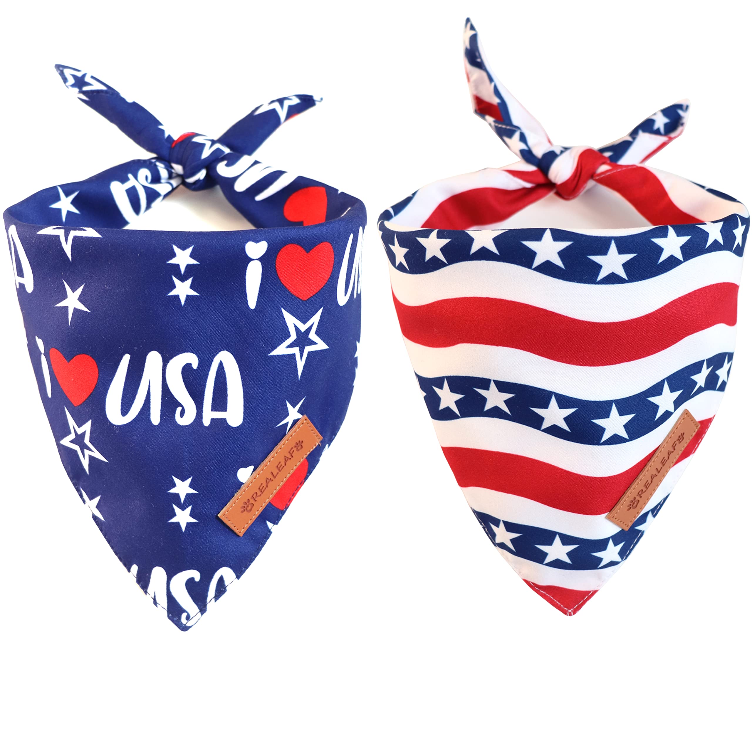 Realeaf 4Th Of July Bandanas 2 Pack, Triangle Reversible American Flag Pet Patriotic Scarf For Boy And Girl, Premium Durable Fab