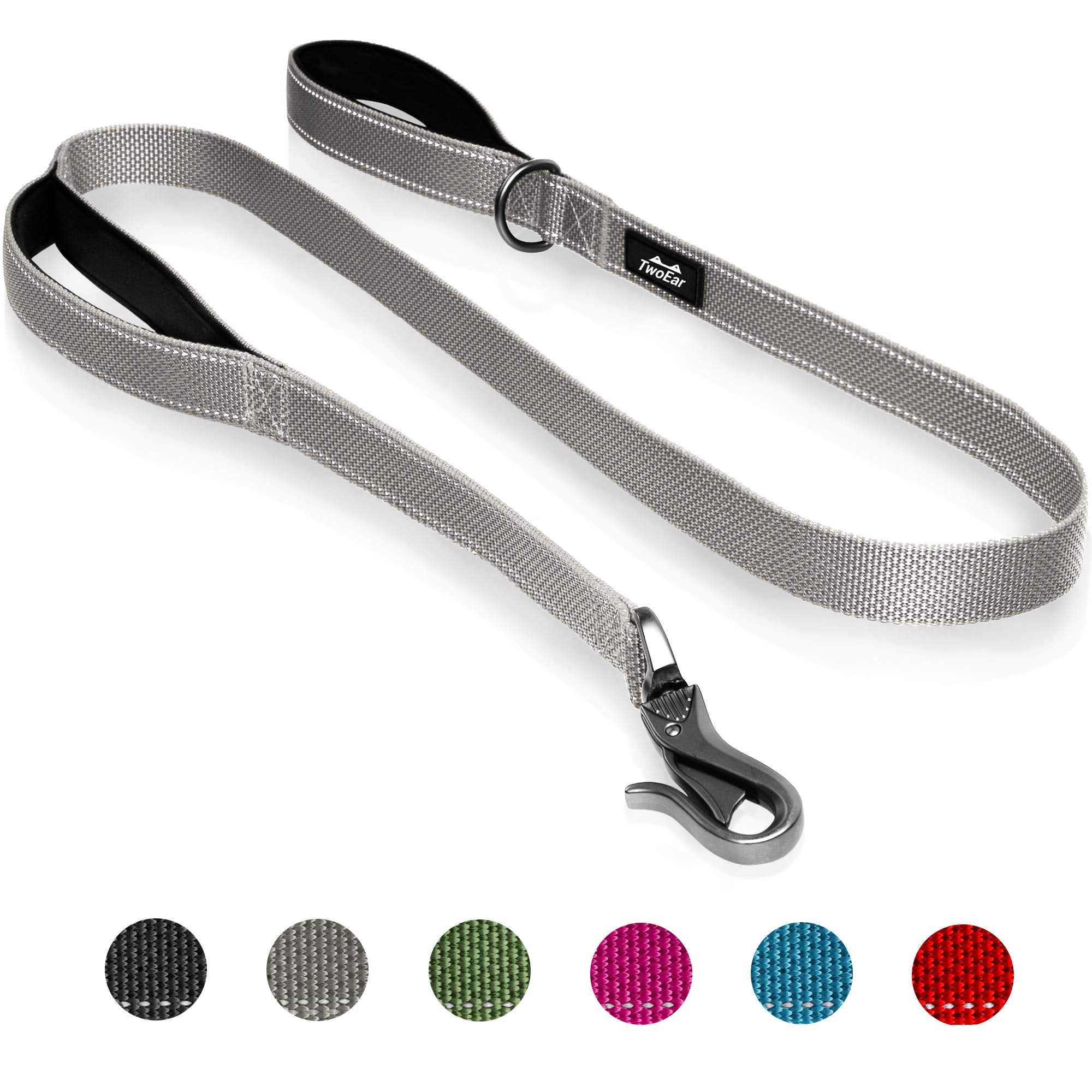 Twoear 5Ft 1In Strong Gray Dog Leash With 2 Padded Handles, Traffic Handle Extra Control, Comfortable Soft Dual Handle, Auto Lock Hook, Reflective Walking Lead For Small Medium And Large Dogs