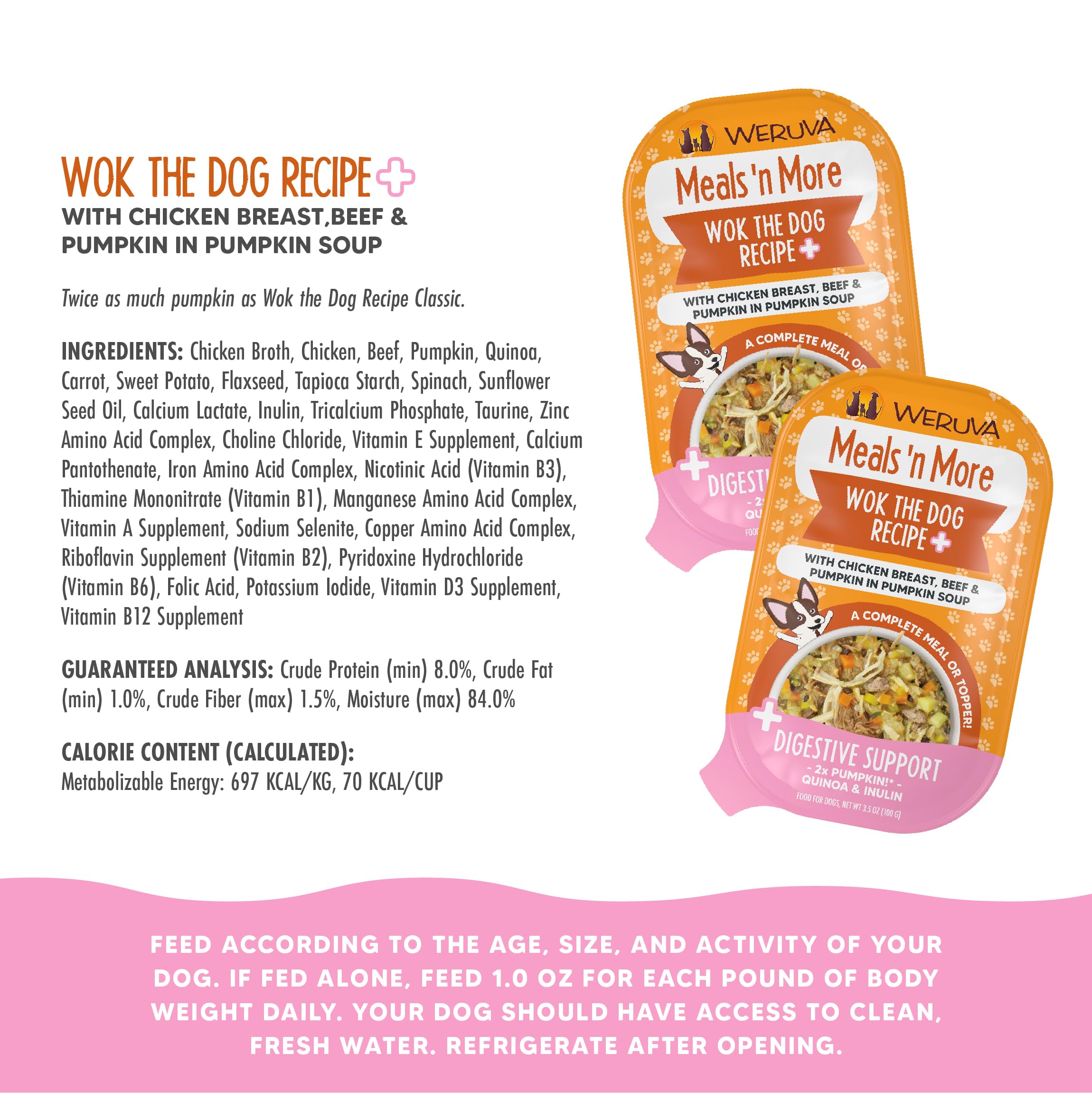 Weruva Meals n More Natural Wet Dog Food, Wok The Dog Plus Digestive Support, 3.5oz Cup (Pack of 12)