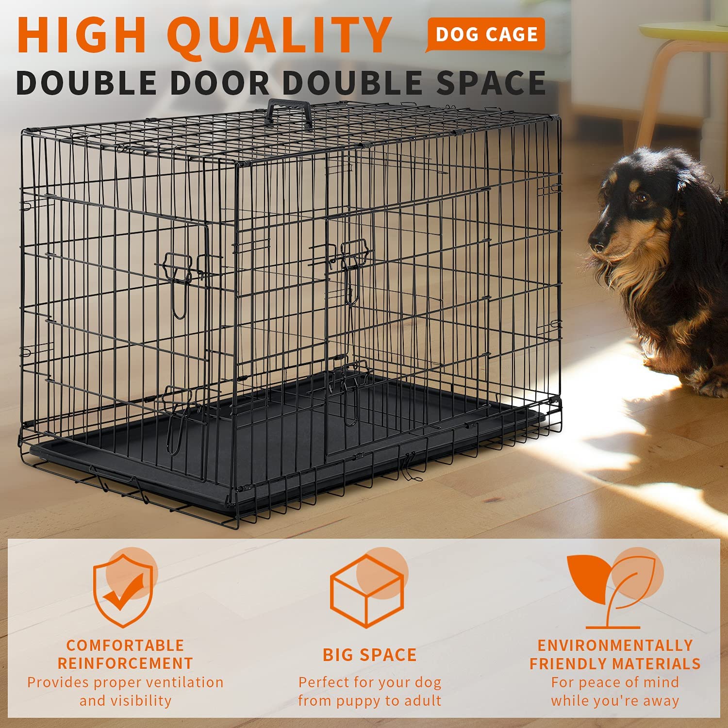 Hcy Dog Cage Dog Crate Dog Kennel Folding Metal Pet Crate For Small/Medium/Large Dogs 42 Inch Double Doors Puppy Kennel With Divider Panel Indoor Outdoor Travel Use(Black)