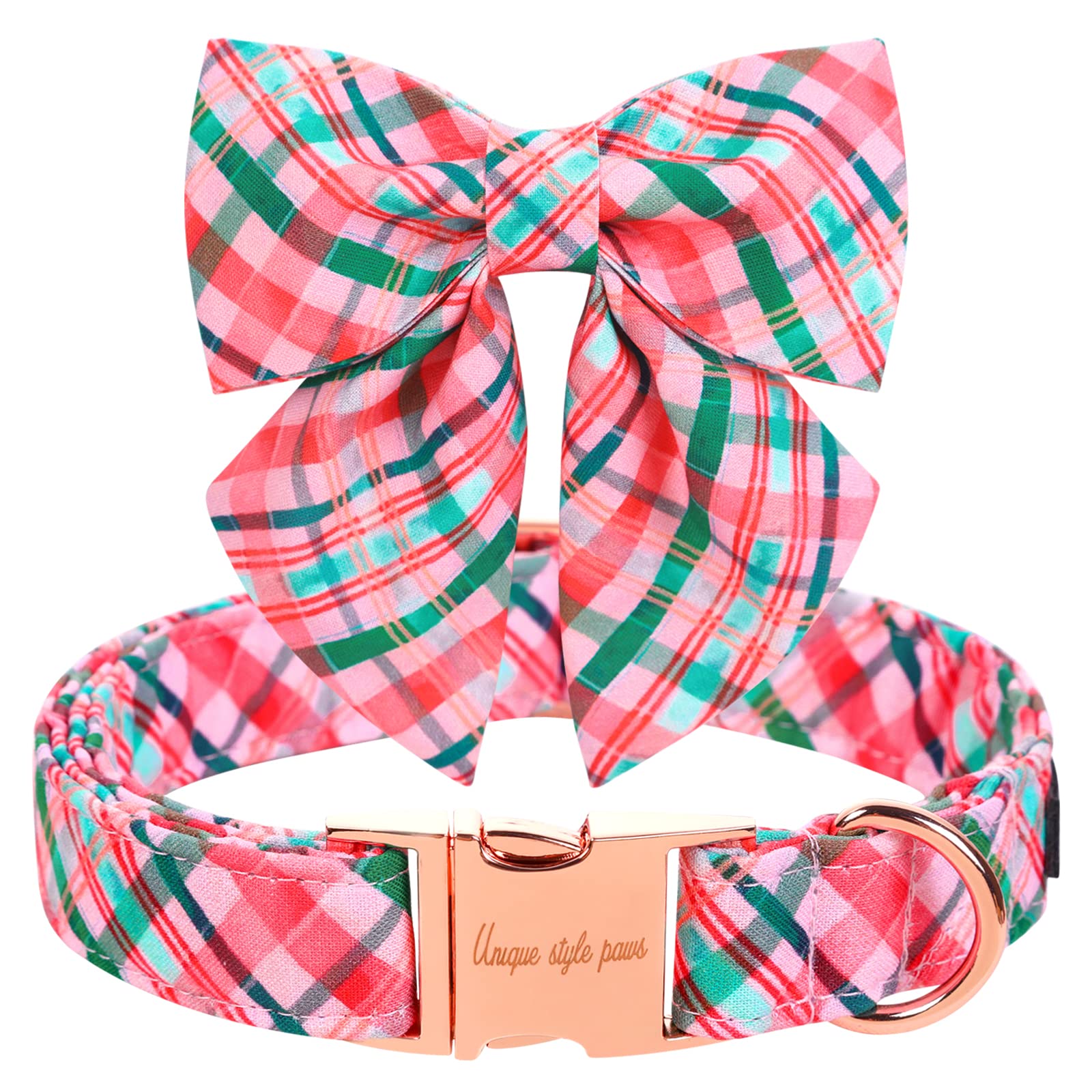 Unique Style Paws Dog Collar With Tie Pink & Green Plaid Dog Collar Best Gifts For Small Medium Large Dogs -M