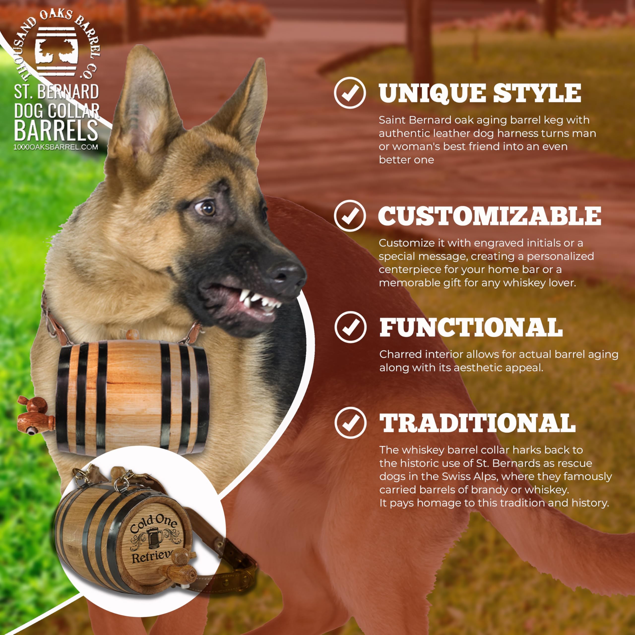THOUSAND OAKS BARREL St Bernard Whiskey Barrel Dog Collar - 1/2 Liter Oak Aging Dispenser with Adjustable Leather Strap