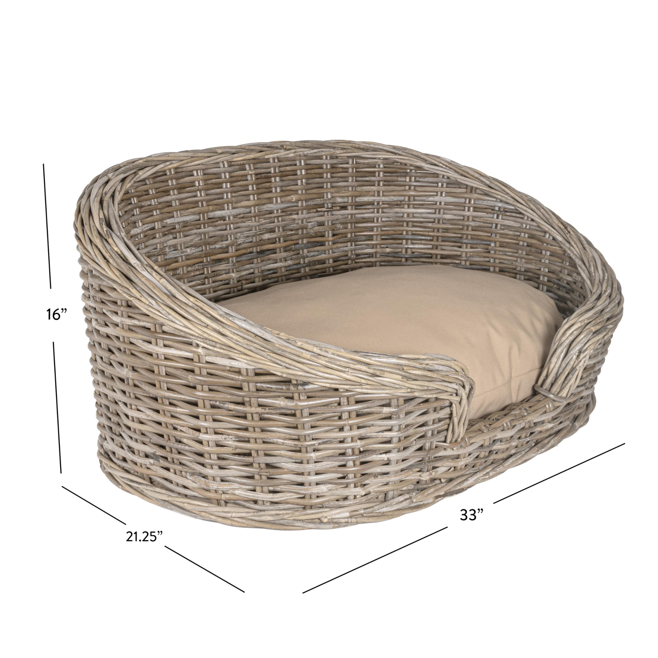 The LICKER Store DBD1001A Curvy 33 x 21.25 Classic Handwoven Rattan Dog Bed with Machine-Washable Cushion, Kubu Gray