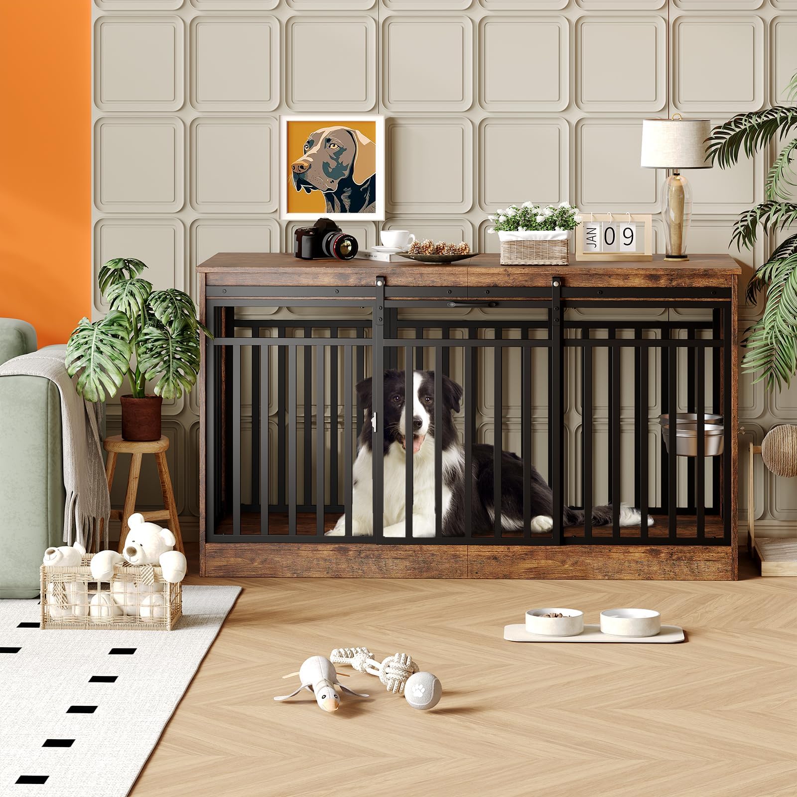 GarveeHome 55 Extra Large Dog Crate Furniture, Heavy Duty Metal Wooden Dogs Kennel Indoor Dog Cage with Sliding Door and 2 Bowls