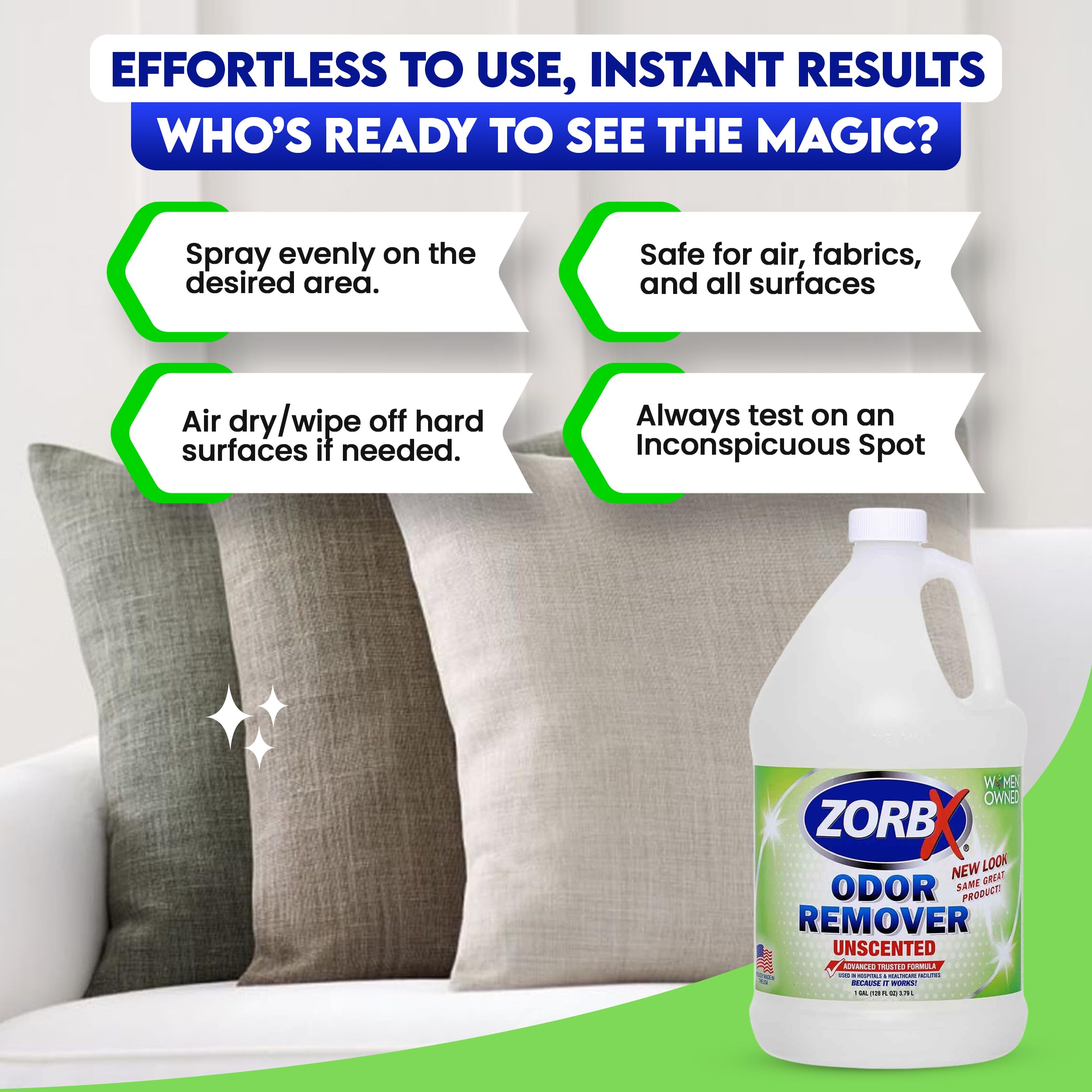 ZORBX Unscented Odor Eliminator Spray 128 Fl Oz - Trusted Hospital Formula, All-Purpose Deodorizer for Home, Carpet & Pets