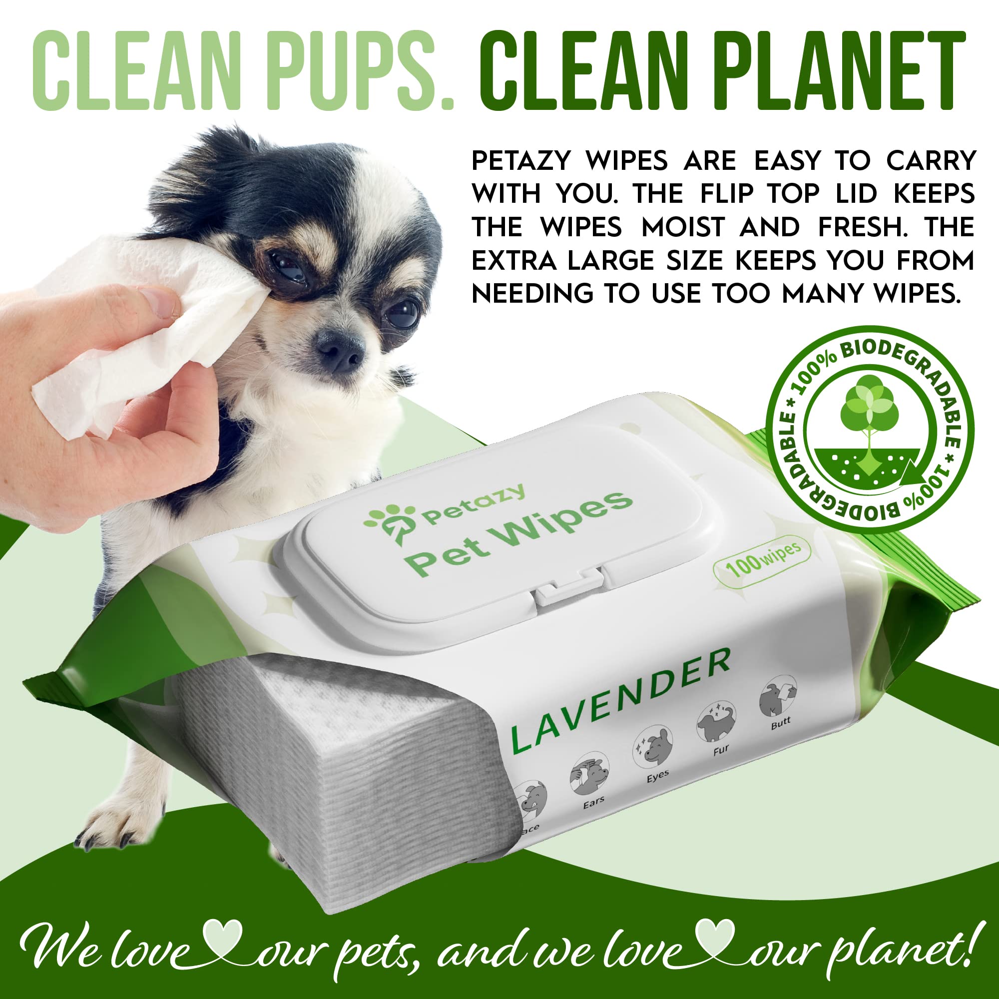 Petazy Dog Wipes - 400 Organic Lavender Scented Cleaning Wipes + 5 Bonus Glove Wipes for Paws, Butt, Ears, and Eyes