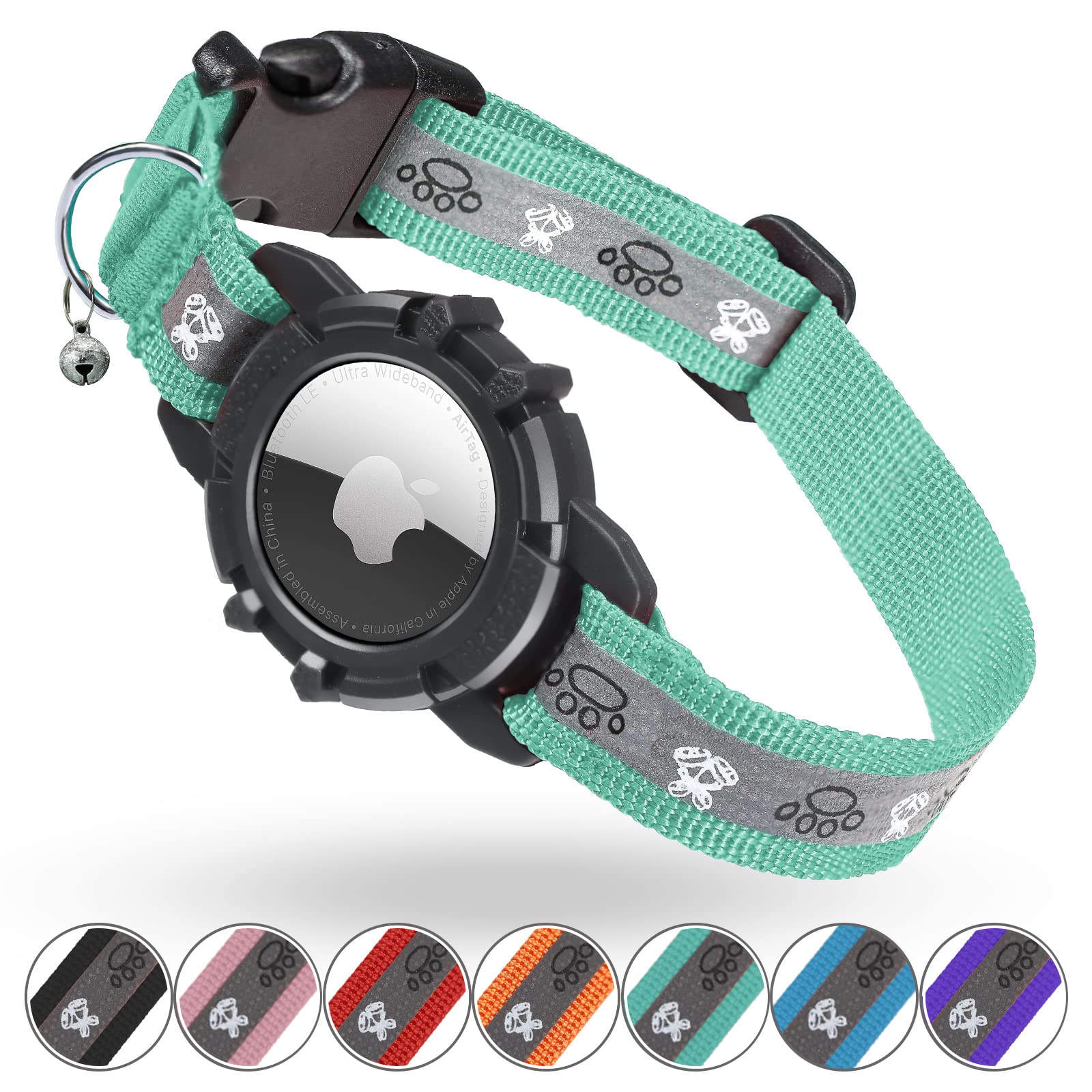 Reflective Airtag Cat Collar, Integrated Cat Tracker Collar With Air Tag Holder And Bell, Safety Elastic Band Cat Gps Collars For Girl Boy Cats, Kittens And Puppies (Green,S)
