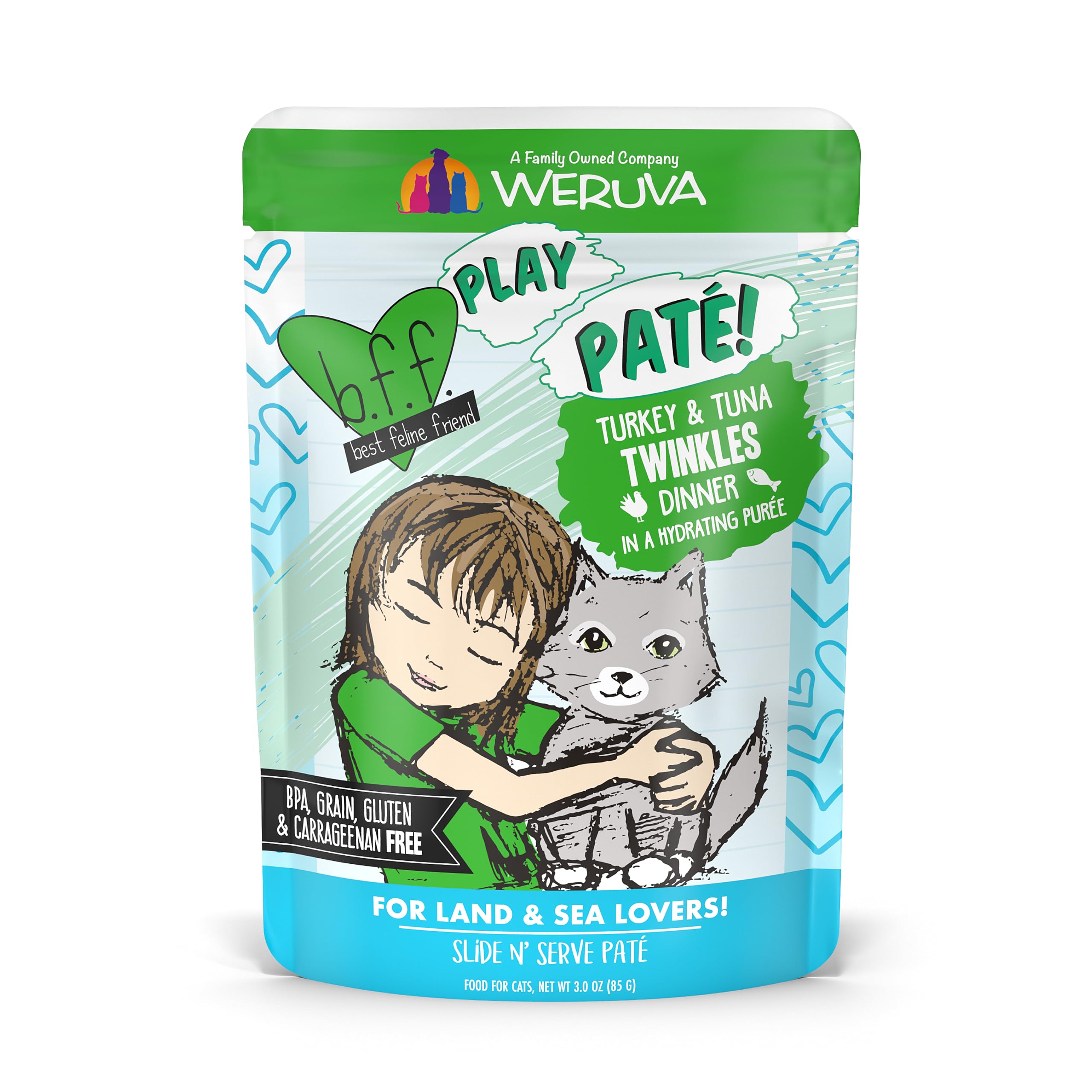 Weruva B.F.F. Play - Best Feline Friend Pat   Lovers, Aw Yeah!, Turkey & Tuna Twinkles with Turkey & Tuna, 3oz Pouch (Pack of 12