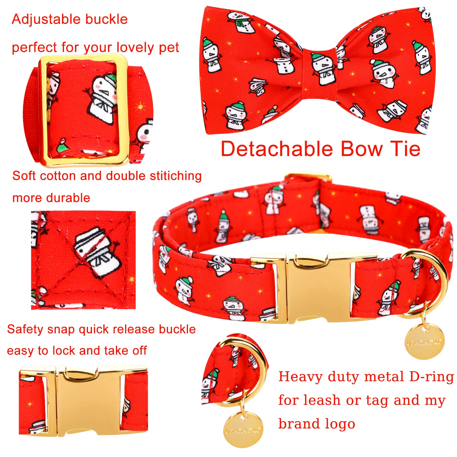 Up Urara Pup Dog Collar With Bow Tie, Christmas Comfortable Cotton Dog Bowtie Collar, Snowman Collar For Small Girl Boy Dog, Dur