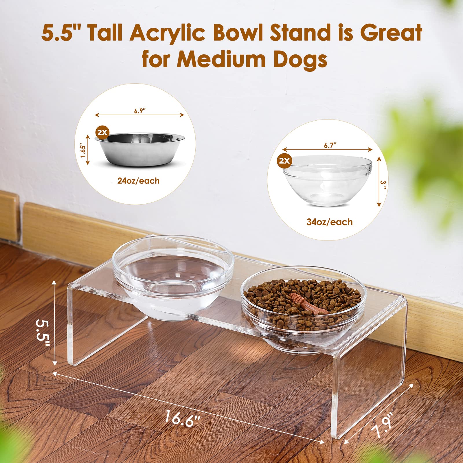 Feoyoho Acrylic Elevated Dog Cat Bowls - Double Bowl Feeder with 2 Glass & 2 Stainless Steel Bowls, Medium 5.5" Height, Clear