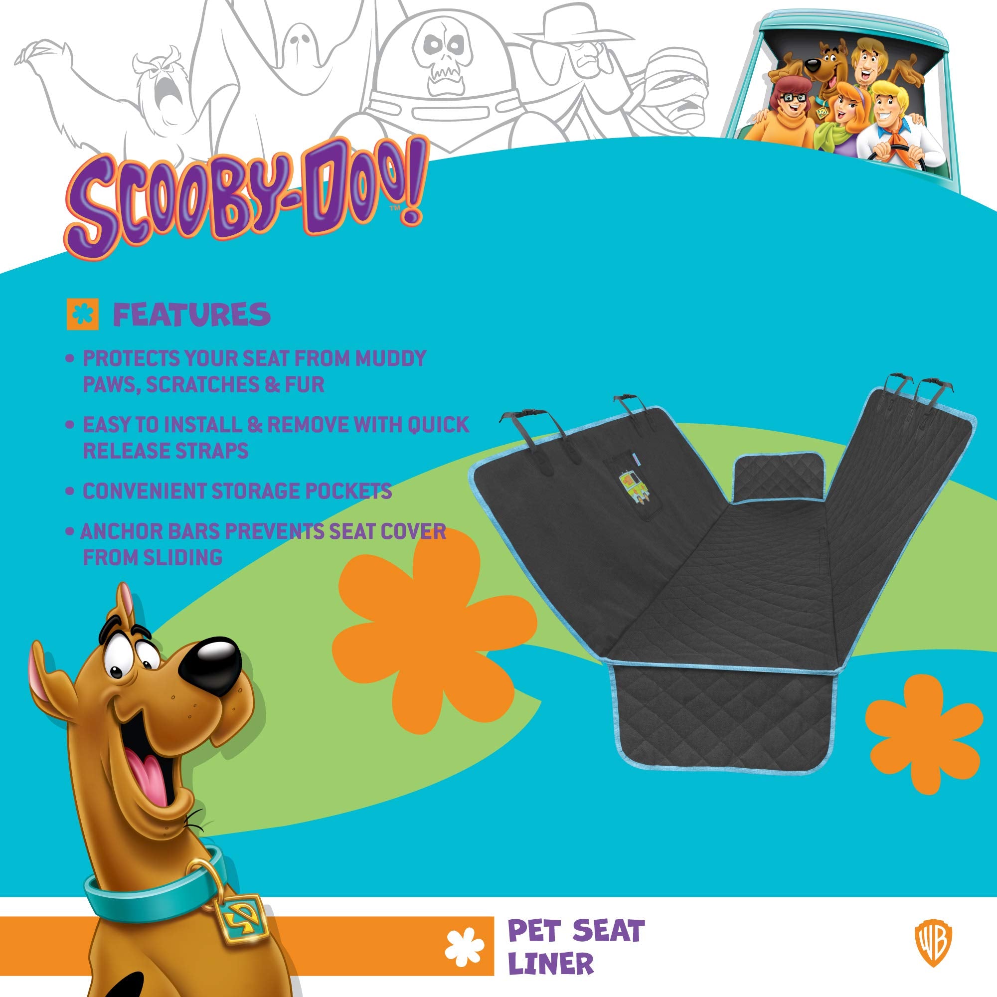 BDK Scooby Doo Dog Car Seat Cover - Heavy Duty Rear Bench Hammock, Non-Slip Polycotton, with Storage Pocket, Model SDPS-062