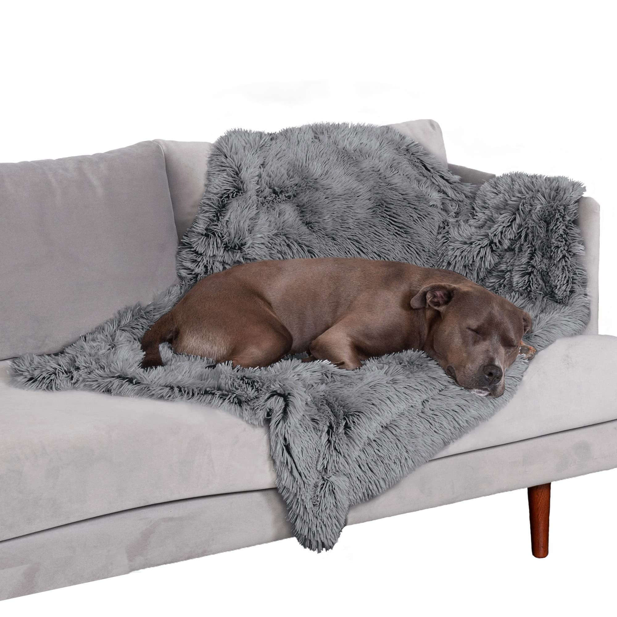 Furhaven Waterproof Throw Blanket For Dogs & Indoor Cats, Washable - Shaggy Plush Calming Long Faux Fur & Velvet Dog Blanket - Gray, Large