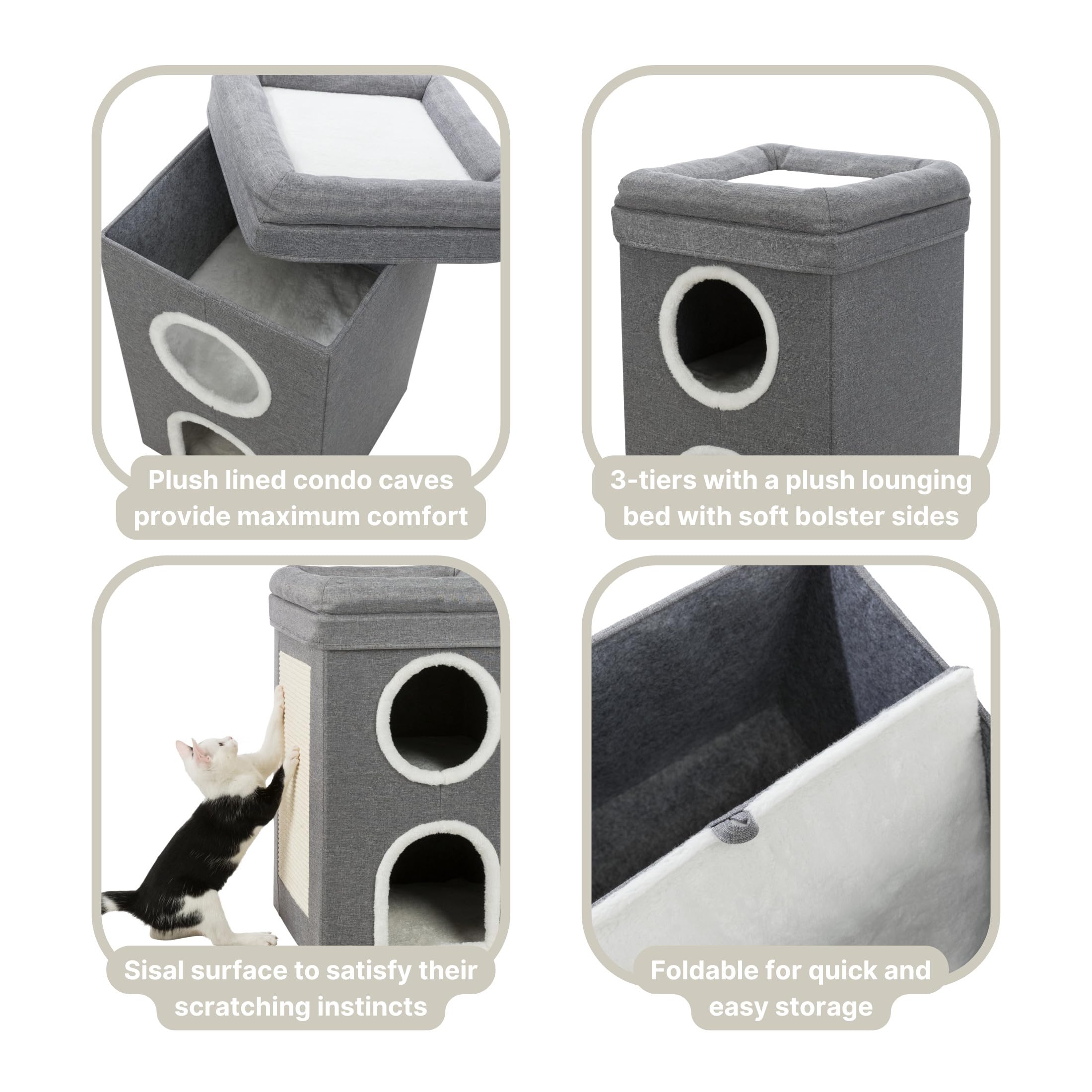 Trixie Saul Cat Condo | 2-Story Condo Tower | Scratching Surface | Foldable For Easy Storage | Gray