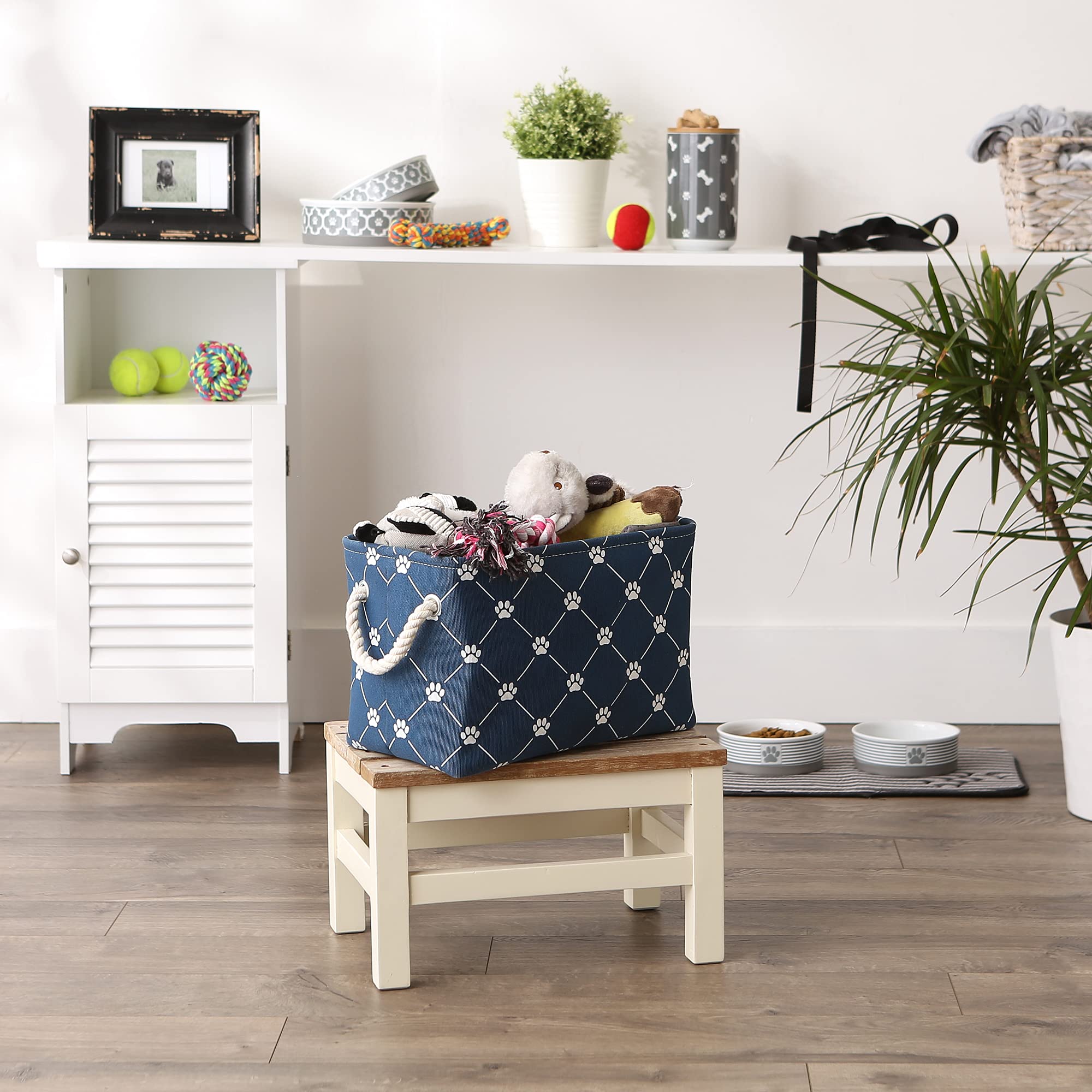Bone Dry Pet Storage Paw and Bone, Trellis Collection, Small Rectangle, 14x8x9, Navy