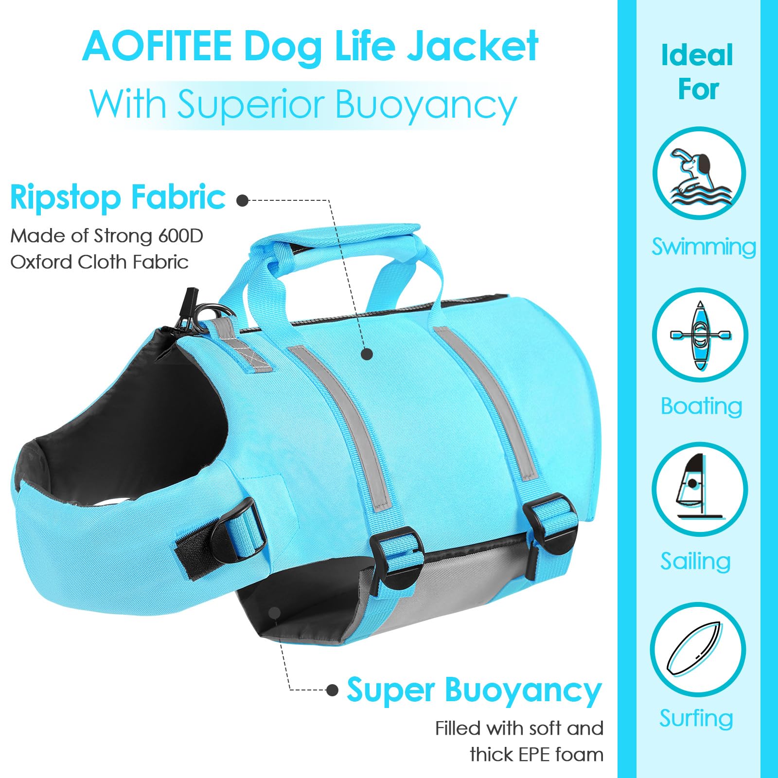 Aofitee Dog Life Jacket, Dog Life Vest With Zipper And High Flotation, Reflective Dogs Swimming Vest, Adjustable High Buoyancy P