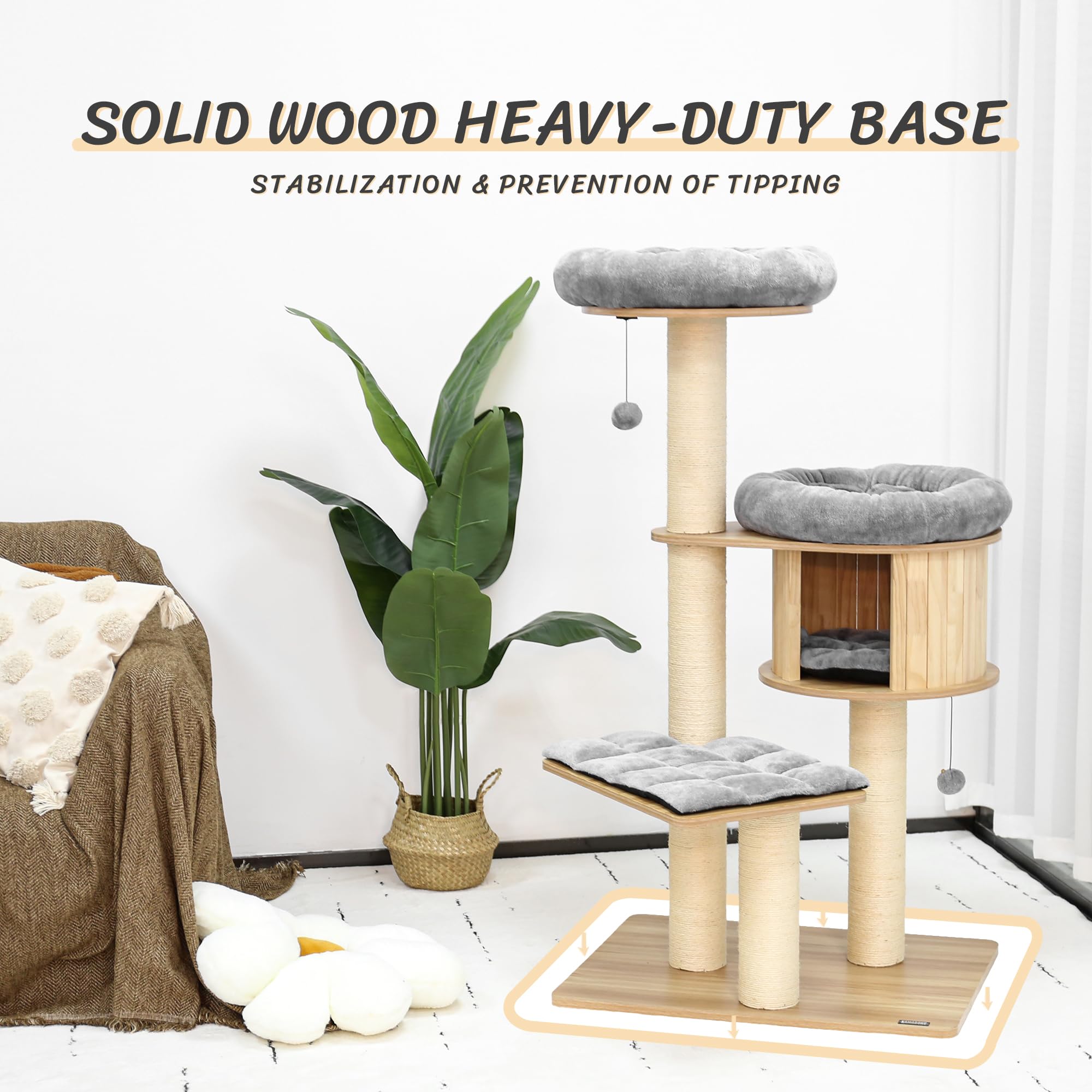 KAMABOKO Modern Cat Tree, Wood with Condo & Cushions, 58.6" Height, Heavy-Duty Design for Large Cats, Model KM001